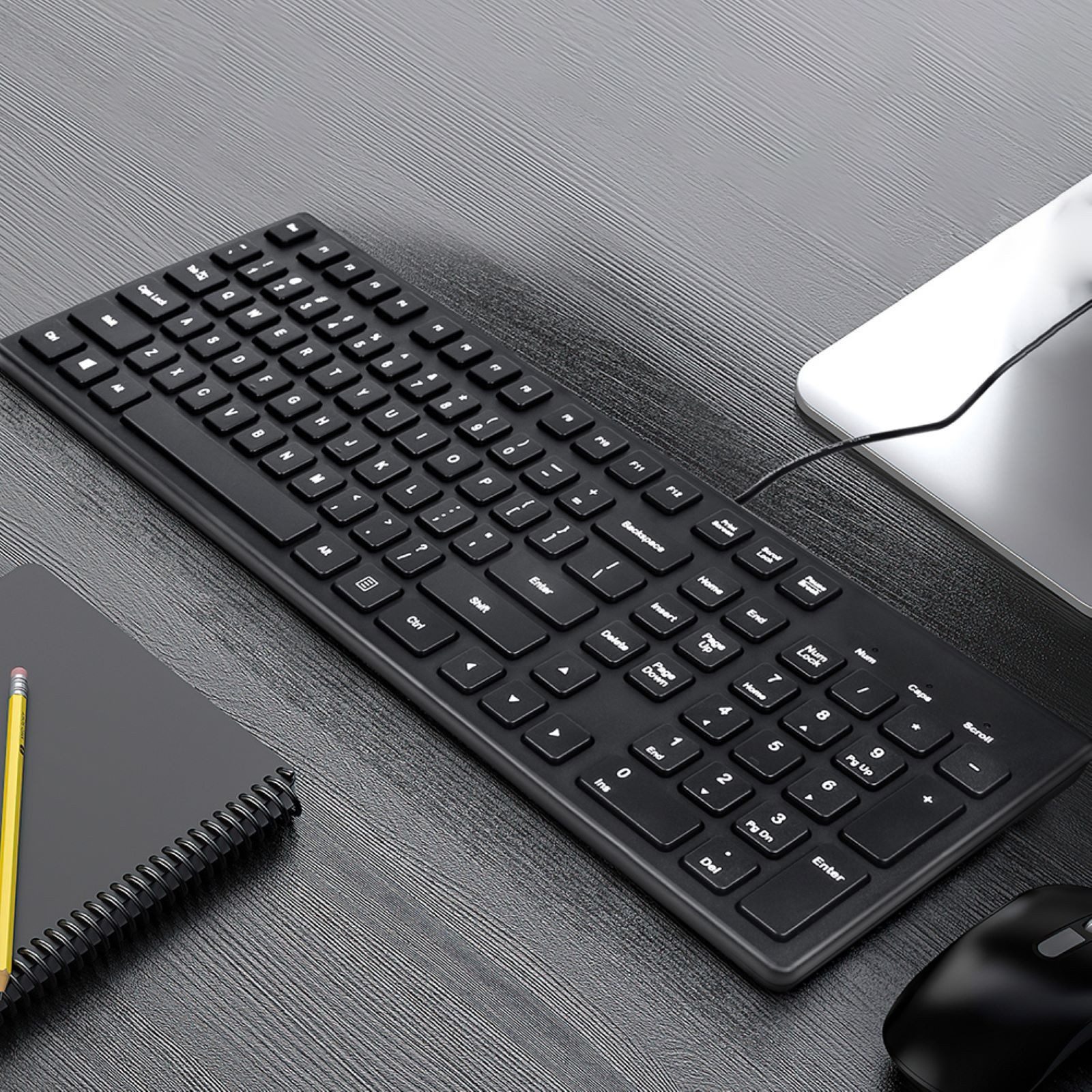 SHOU PC-Tastatur USB Kabel Schwarz 104 Tasten US Layout für PC&Laptop Büro PC-Tastatur (Geräuschloses Office-Modell mit US QWERTY,kompatibel Windows/Mac/Linux)