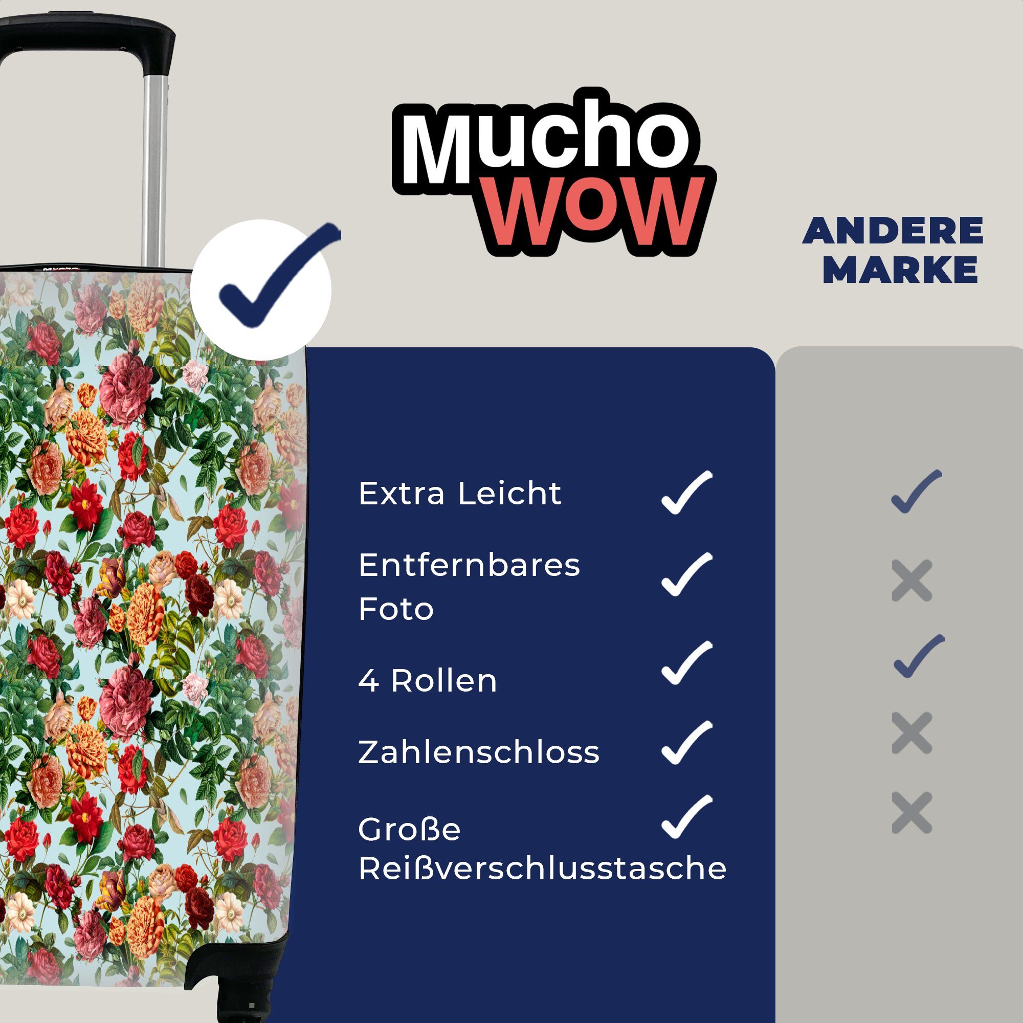 MuchoWow Handgepäckkoffer Blumen rollen, mit - Reisetasche Handgepäck Ferien, Muster, 4 für Trolley, - Rollen, Rot Reisekoffer