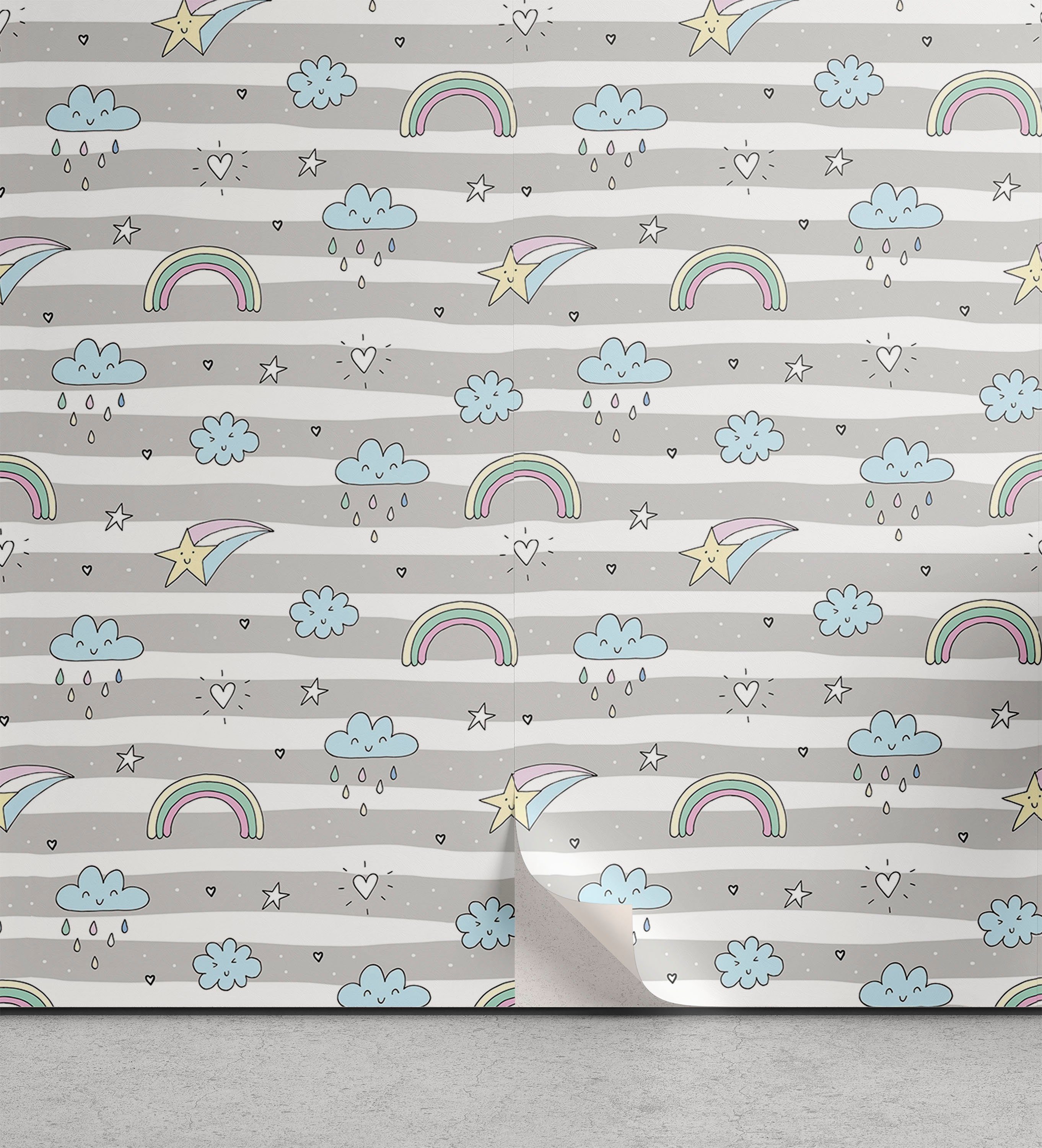 Abakuhaus Vinyltapete selbstklebendes Wohnzimmer Küchenakzent, Regenbogen Doodle Rainbows Stripes