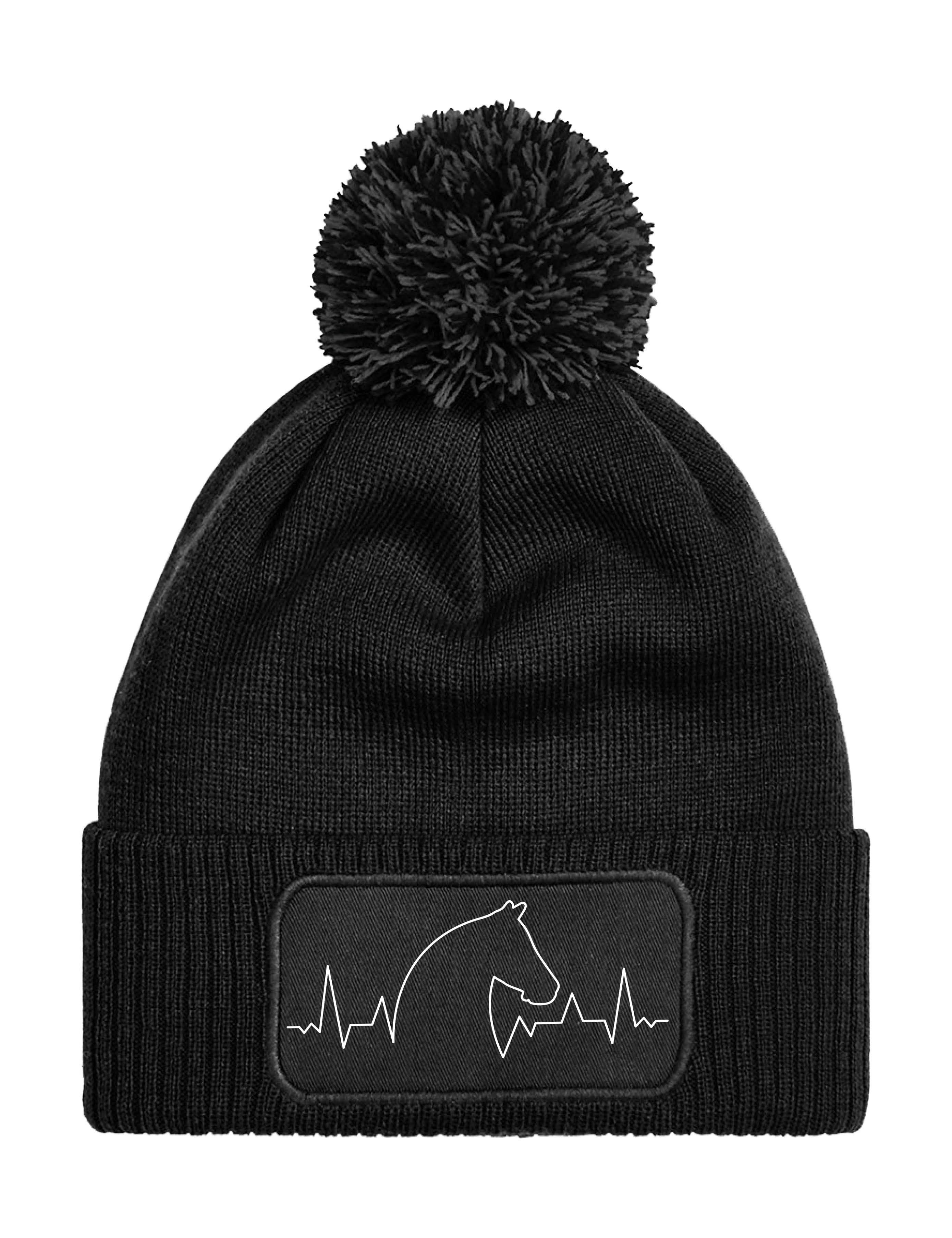 Youth Designz Beanie Unisex Strick Bommel Beanie Mütze mit Heartbeat Pferd Aufdruck mit trendigen Logo für Damen und Herren