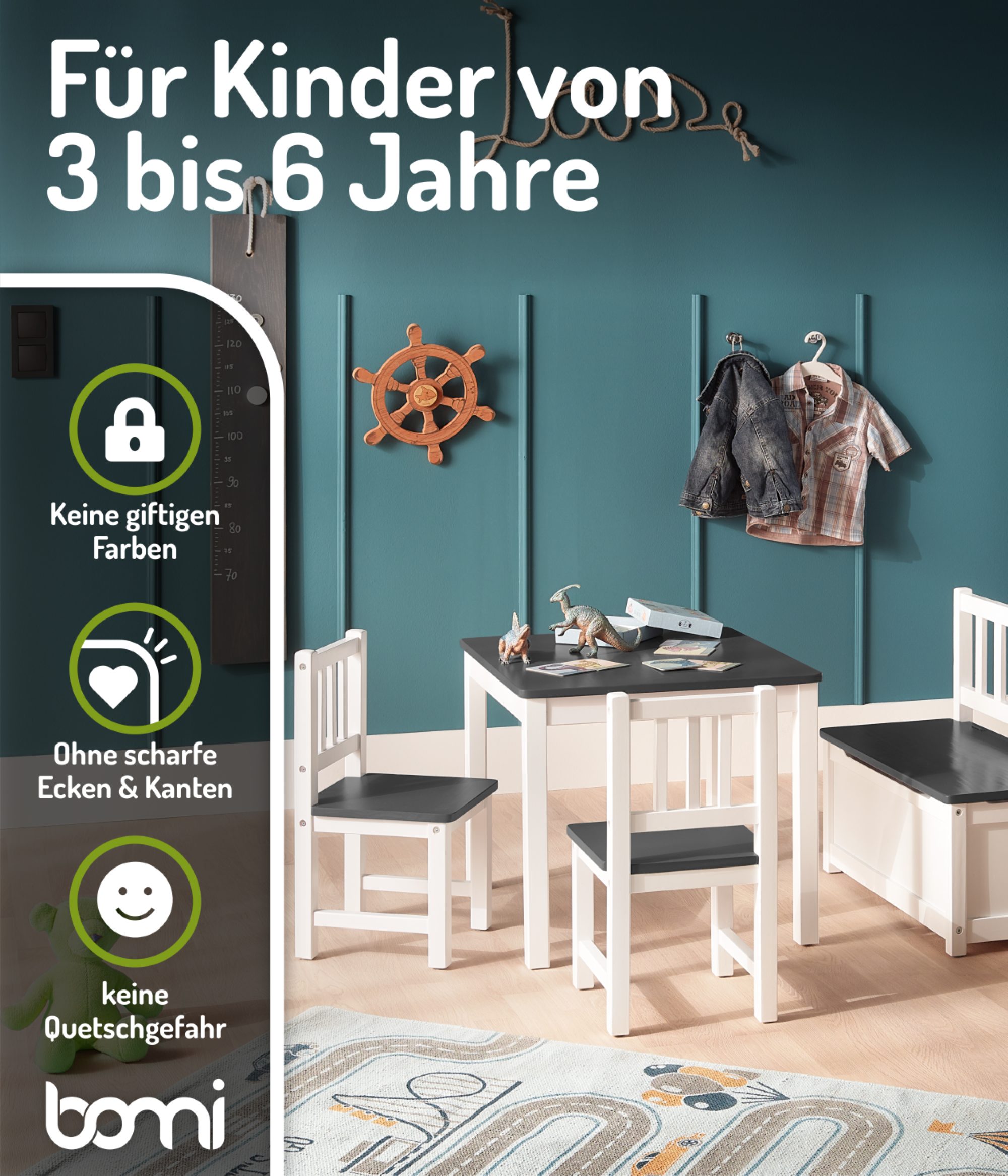 BOMI Kindersitzgruppe Holzsitzgruppe Anna, (Set, 4-tlg., 1x Tisch, 1x Truhenbank & 2x Stühle), Kindertischgruppe aus Holz, als Spiel- & Maltisch – Bild 3 von 5