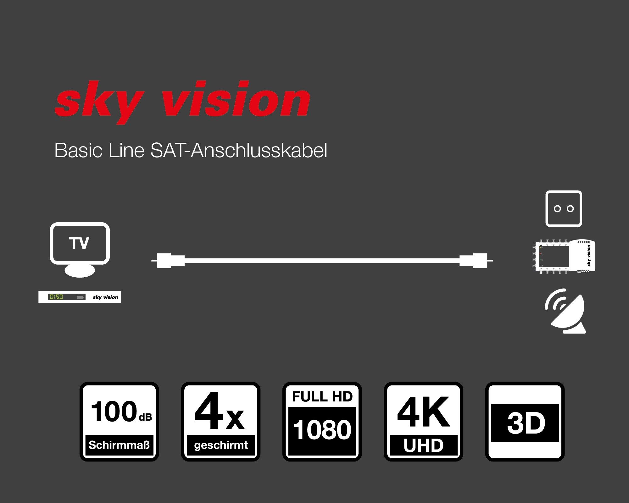 Sky Vision BASIC LINE SAT-Kabel, F-Stecker, F-Stecker (1000 cm), Koaxial, vergoldete Stecker, 2-fach Geschirmt, 100 dB