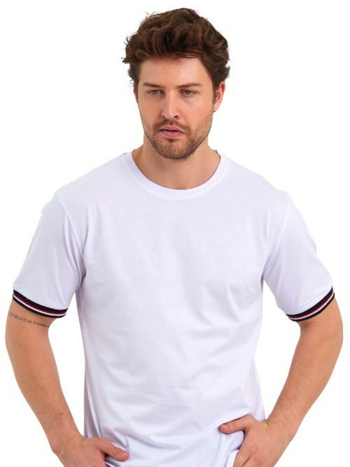 COMEOR T-Shirt Basic Herren Kurzarm Rundhalls (Packung, 1-tlg) mit gestreiften Ärmel Bündchen Weiß
