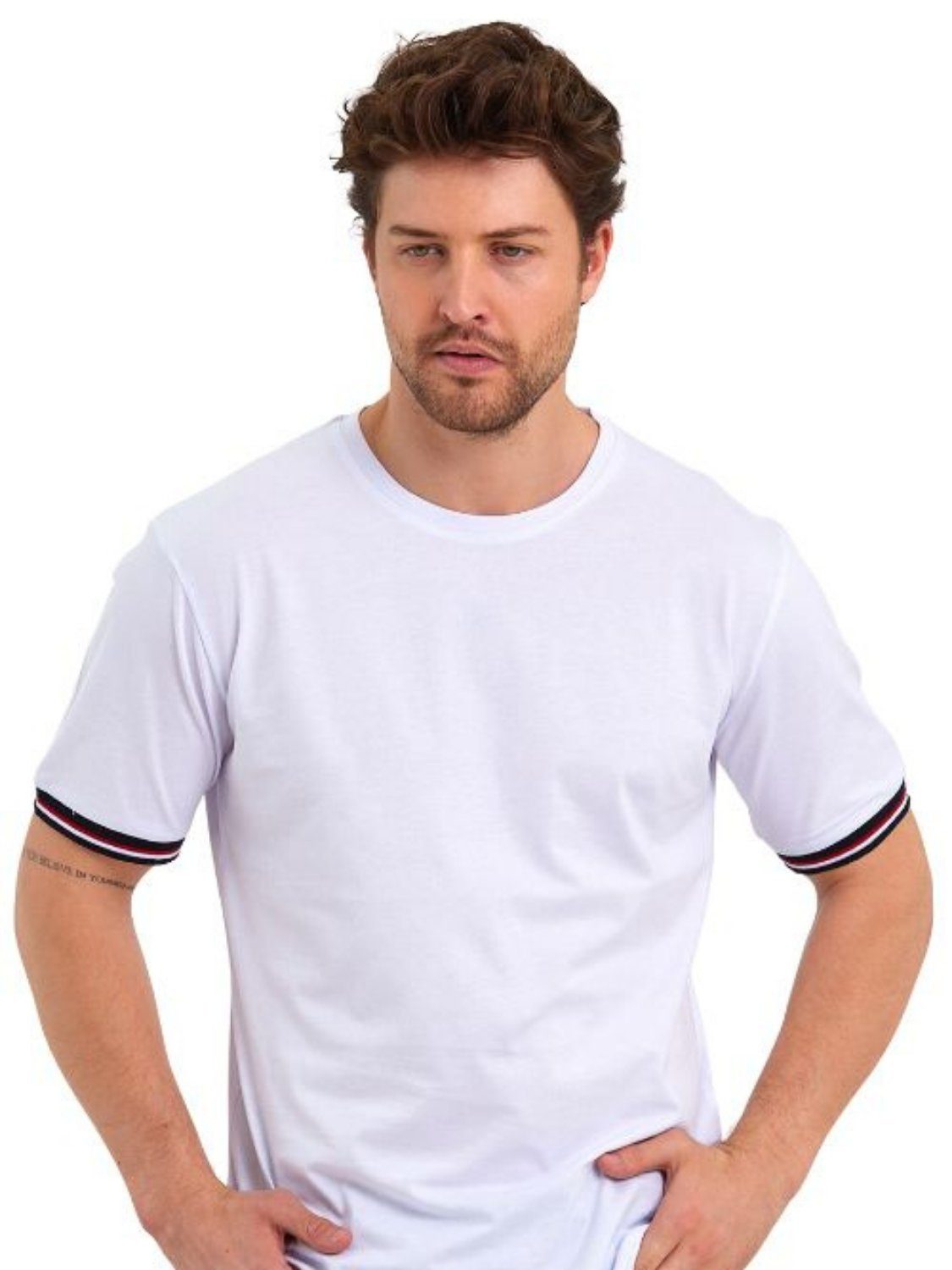 COMEOR T-Shirt Basic Herren Kurzarm Rundhalls (Packung, 1-tlg) mit gestreiften Ärmel Bündchen