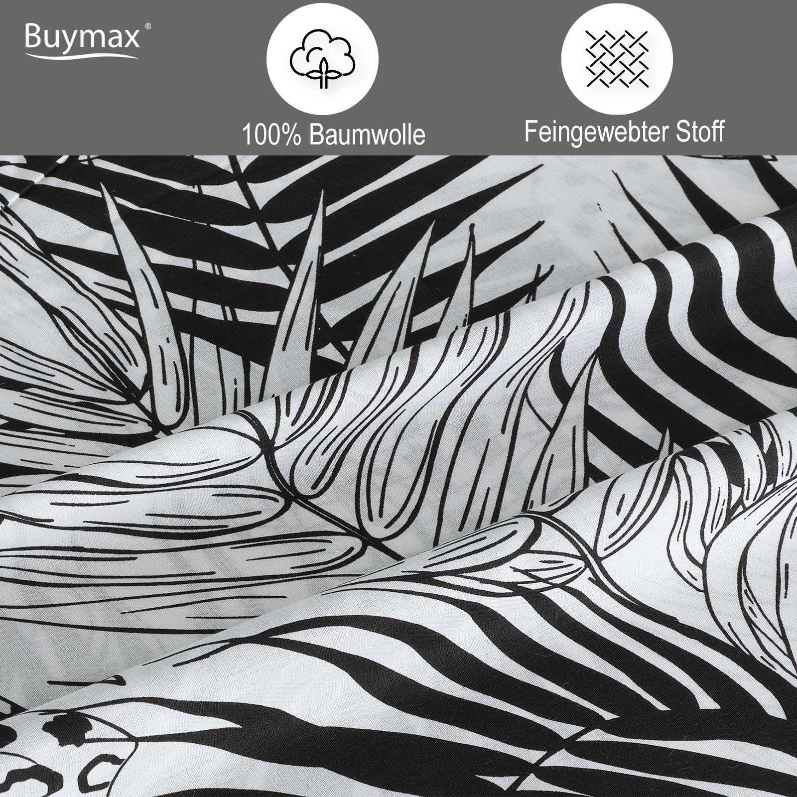 Buymax Bettwäsche Bettbezug-Set Exotic 100% Baumwolle, Baumwolle, 4 teilig, 135x200 cm Renforce mit Reißverschluss Weiß Schwarz Monstera Blätter