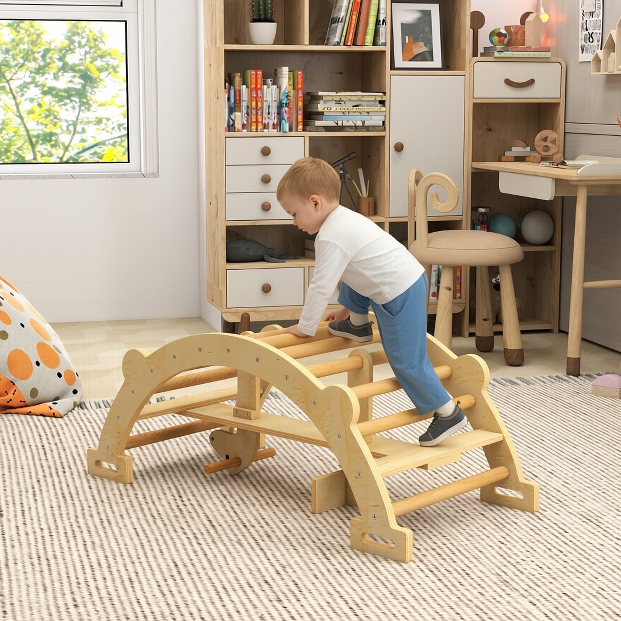 AIYAPLAY Klettergerüst Klettergerüst Indoor, 2 in 1 Kletterbogen & Schaukelpferd, (2 in 1 Kletterbogen, 1-St., Kletterspielzeug aus Holz), für Kinder 2-4 Jahre, Indoor, Naturholz