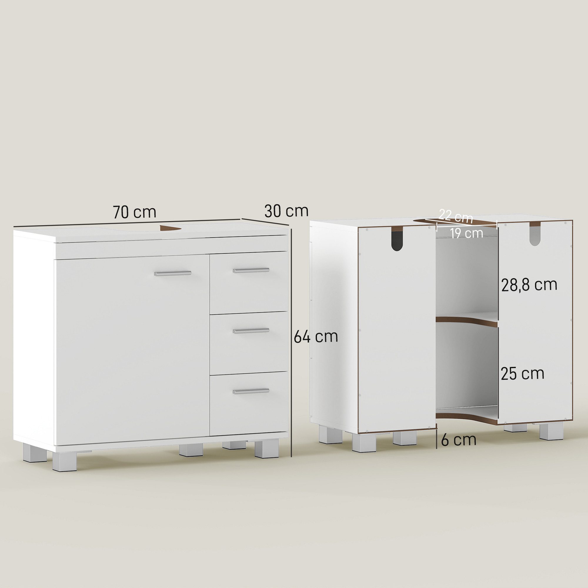 HOMCOM Waschbeckenunterschrank Unterschrank mit Schubladen Soft-Close Tür Badschrank (Unterschrank, 1-St., Badezimmerschrank) für Badezimmer 70 x 30 x 64 cm Wei – Bild 3 von 5