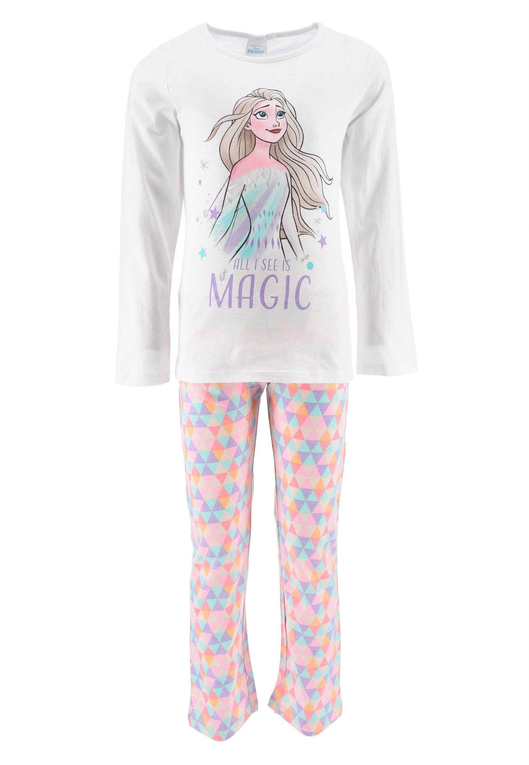 Disney Frozen Schlafanzug Die Eiskönigin Elsa Kinder Mädchen Schlafanzug Kinder Pyjama Langarm Shirt + Schlaf-Hose (2 tlg) Weiß