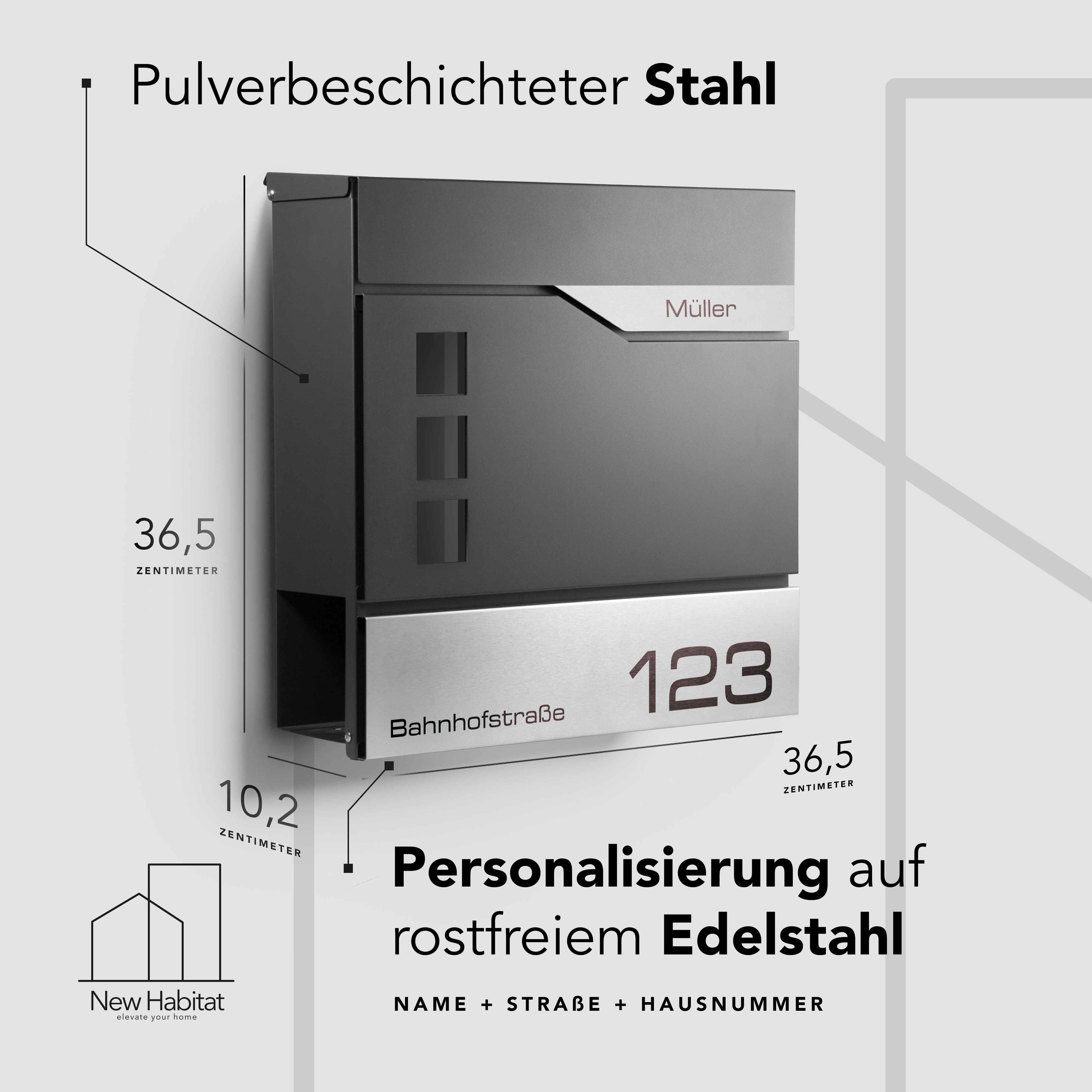 NewHabitat Briefkasten Moderner Wandbriefkasten Personalisierbar Anthrazit RAL7016 (Komplettset, Modell: Oslo), Rostfrei