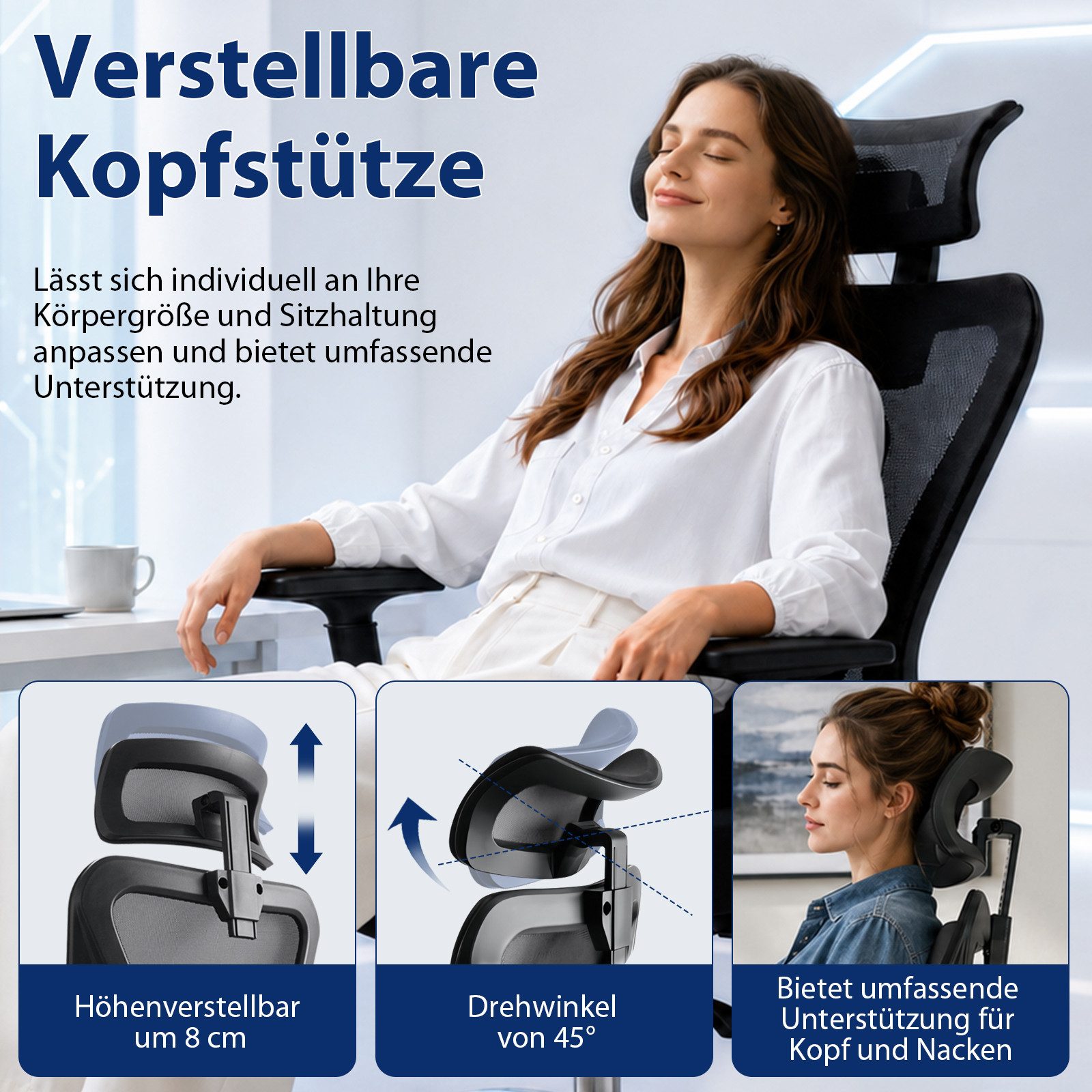 Durrafy Bürostuhl Bürostuhl 200kg Ergonomischer Bürostuhl-Verstellbare Lordosenstütze (4D-verstellbare Lendenstütze, Verstellbarer Kopfstütze & Armlehnen), 3-st – Bild 3 von 5