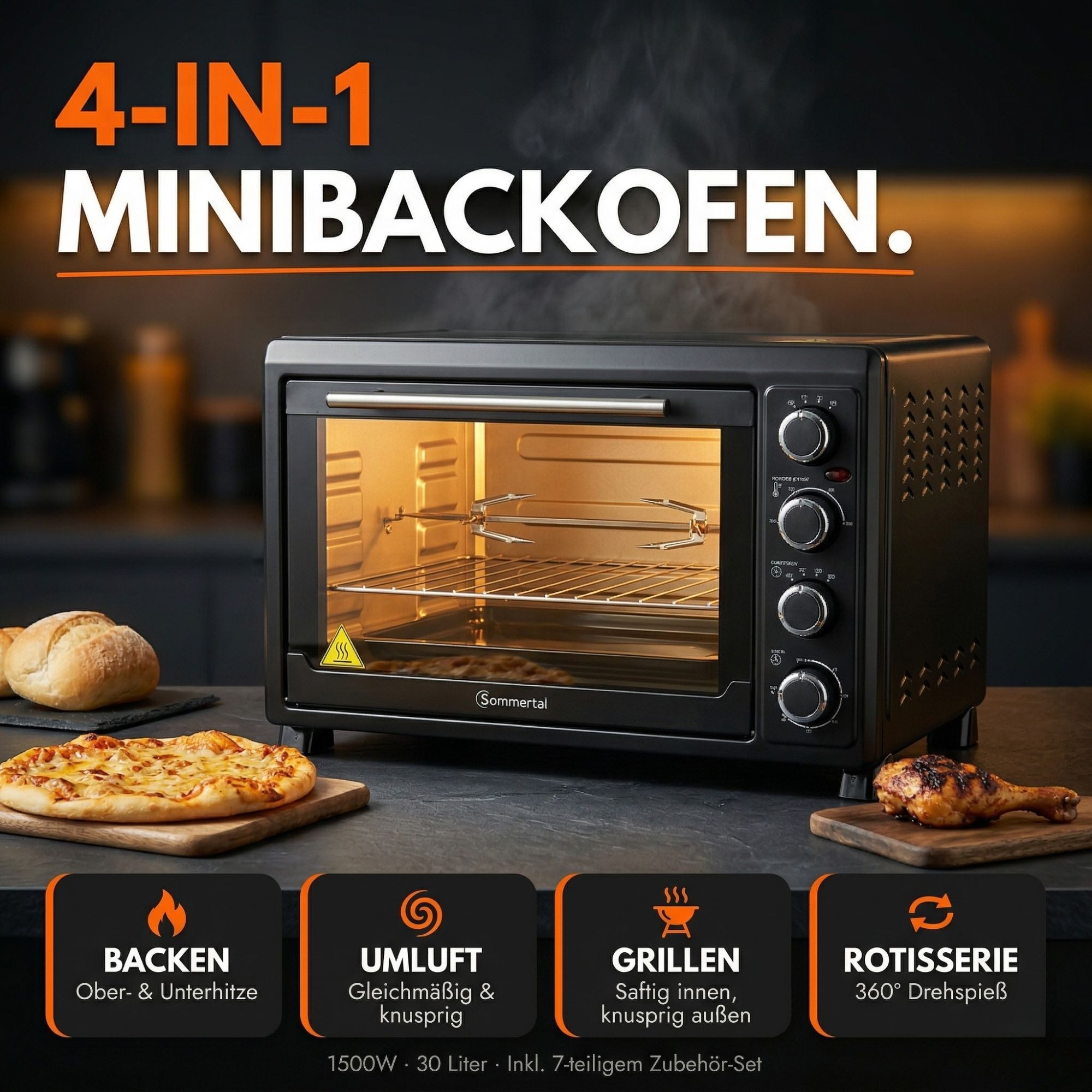 Sommertal Multiofen Sommertal Minibackofen 45L mit Drehspieß & Umluft, 2000W, Hähnchengrill, Backen, Grillen & Pizza, 45 Liter, inkl. 7-tlg Zubehör