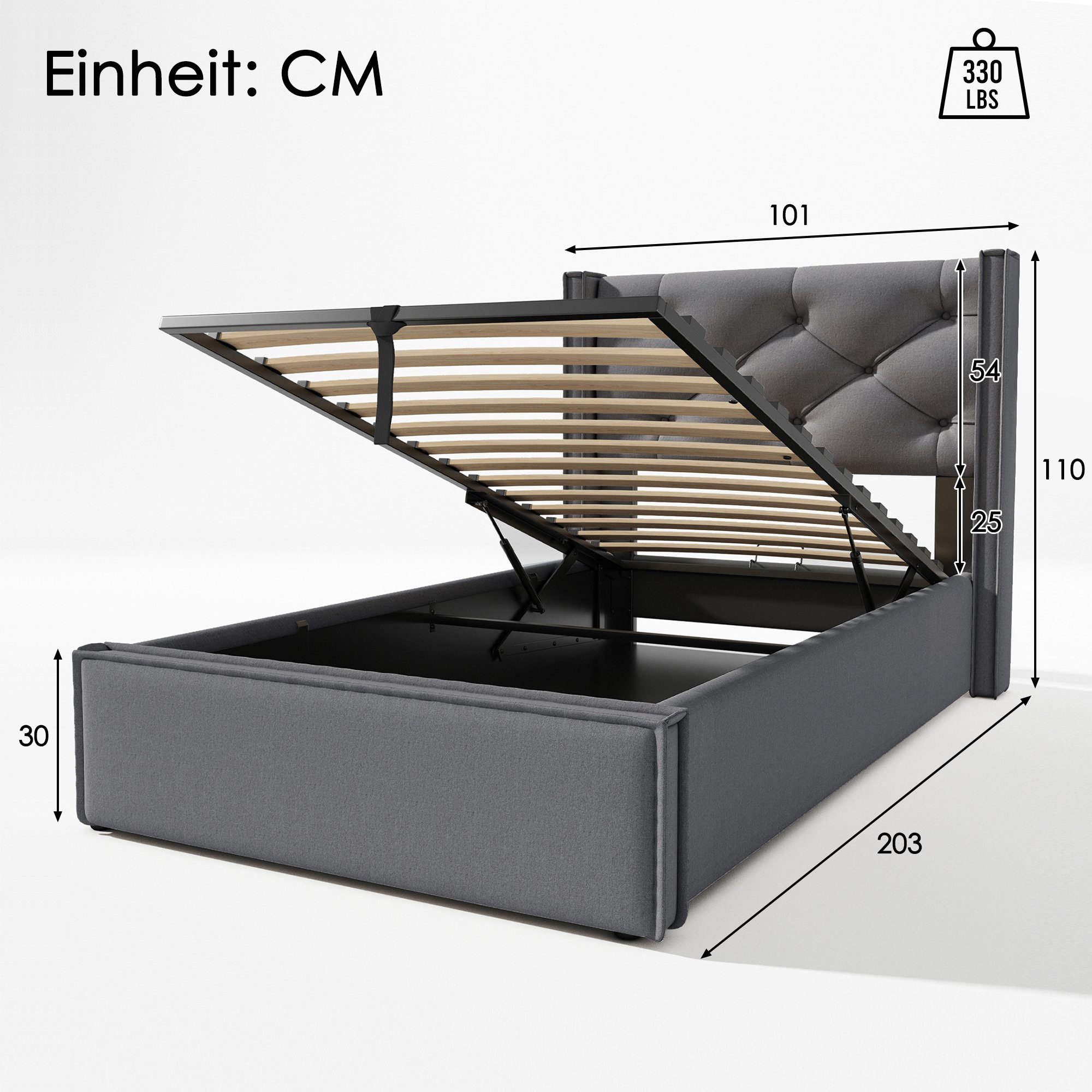 Boxspringbett (Polsterbett Einzelbett 90x200 cm mit edler Knopfheftung und Matratze), Hydraulisches Funktionsbett mit Bettkasten und Lattenrost, Baumwolle