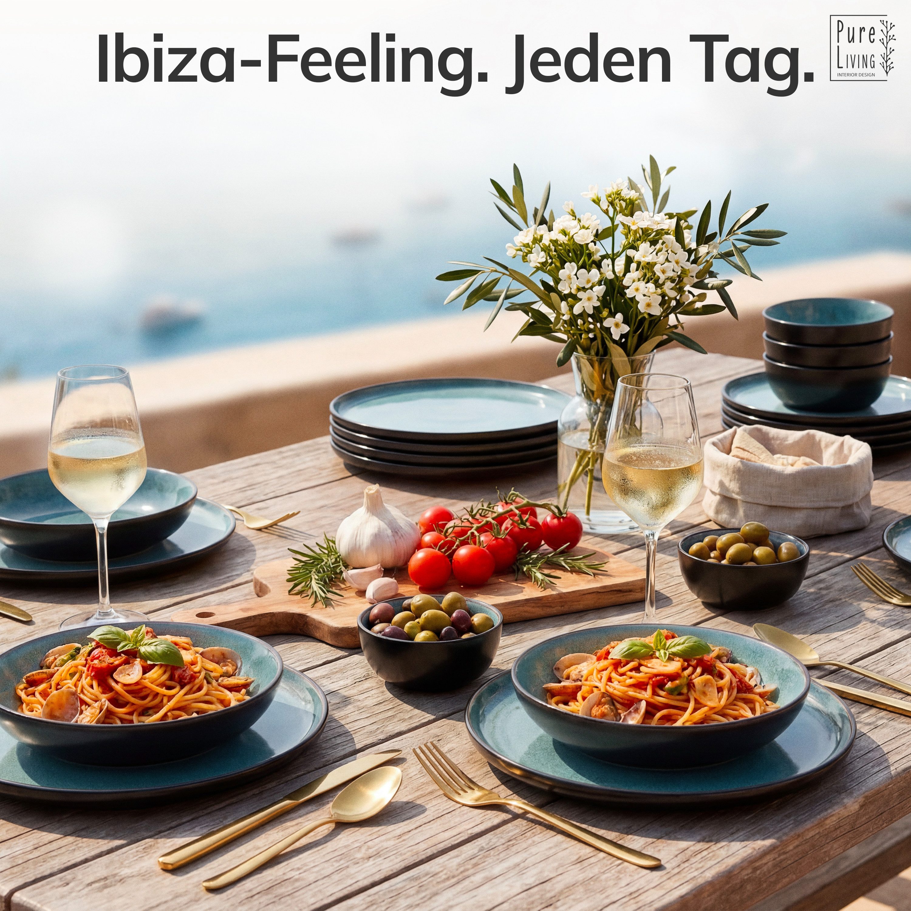 PURE LIVING INTERIOR DESIGN Geschirr-Set Pure Living Suppenteller 6er 20cm »Ibiza«, Steingut, Petrol, 6 Personen, Steingut, Mediterrane Handwerksoptik, Reaktive Glasur – jedes Stück einzigartig…