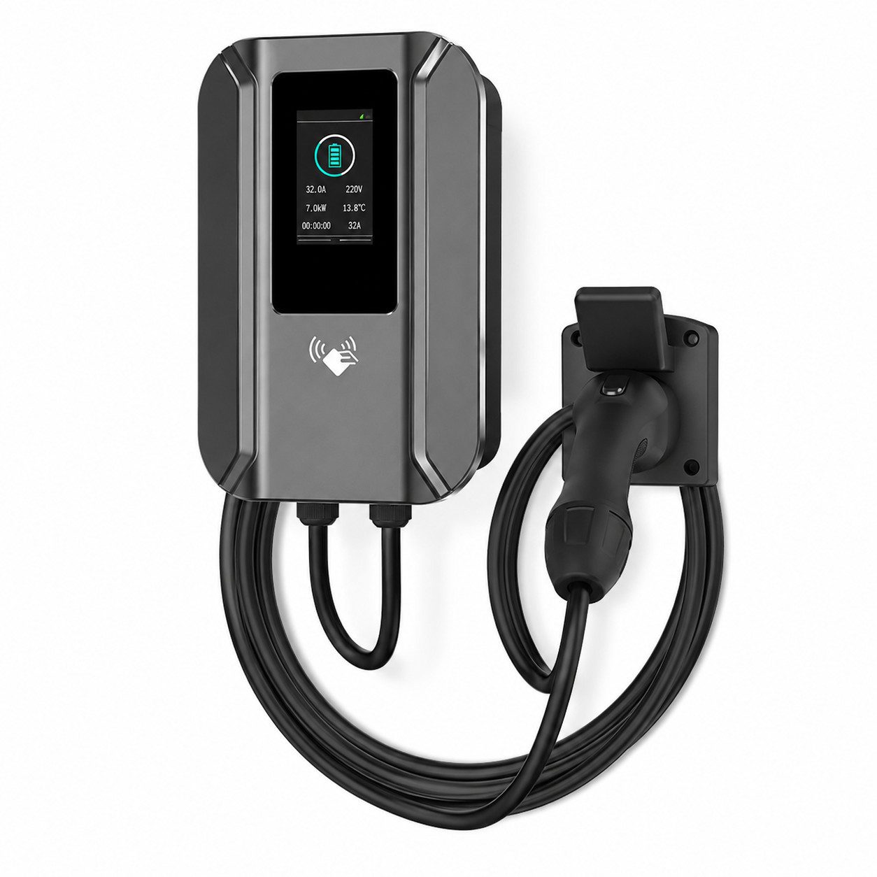 Lisabonde Elektroauto-Ladestation Wallbox Ladestation 7,4kW Typ 2 für Elektroautos, 5m Kabel & RFID, Wallbox 11kW / 32A, 1-phasig, Einzelstation, 1x Wallbox inkl. 5m Kabel, 2x RFID-Karten, 1x Montageset, RFID-Zugangskontrolle, Echtzeit-Temperaturüberwachung