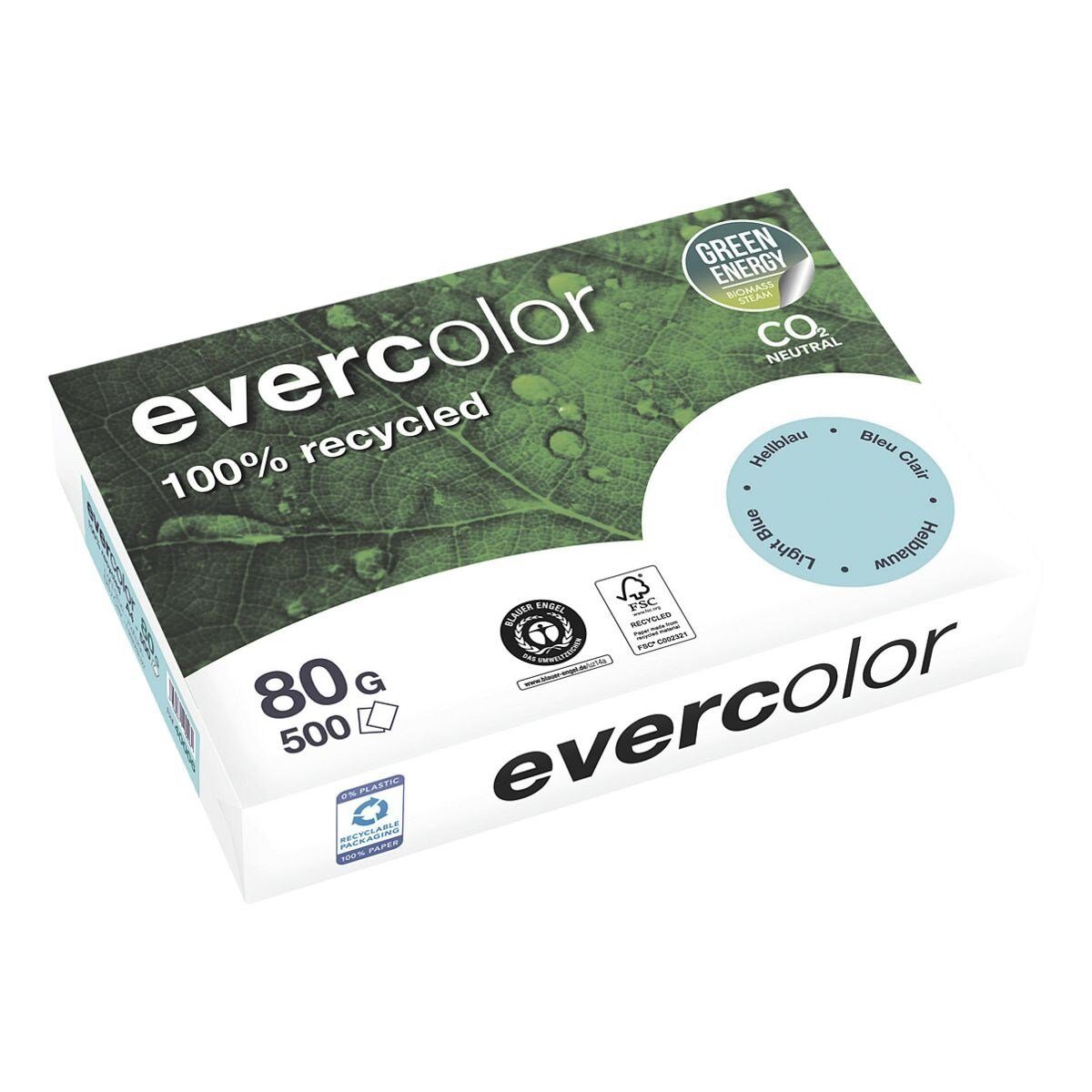 CLAIREFONTAINE Recyclingpapier evercolor, Pastellfarben, Format DIN A4, 80 g/m², 500 Blatt