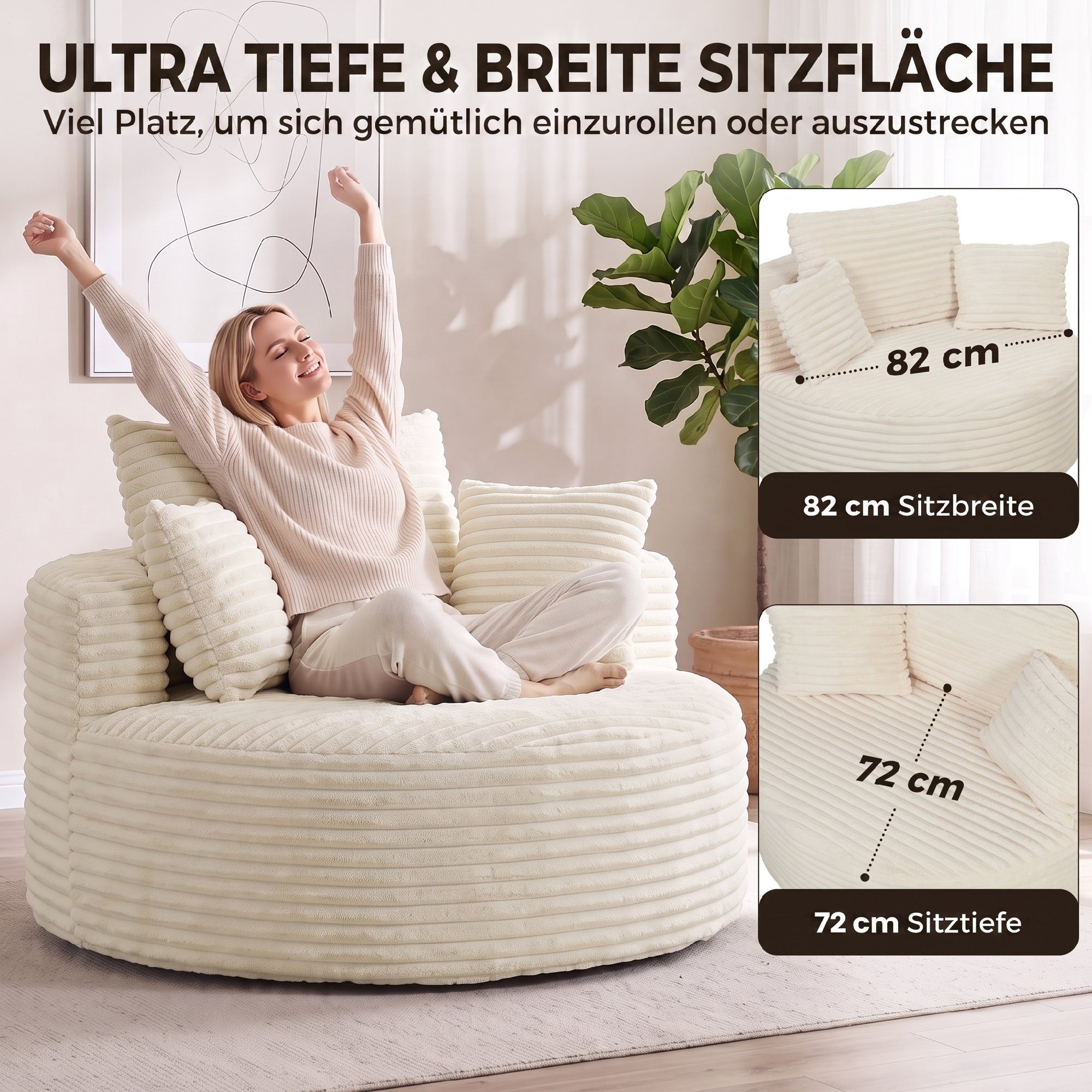 HOMCOM Sessel Rahmenloser Relaxsessel aus Cord-Optik (Set, 1-St., 1), Extra tiefer Sitz, Vollschaumstoff, Kissen-Set – Bild 4 von 5