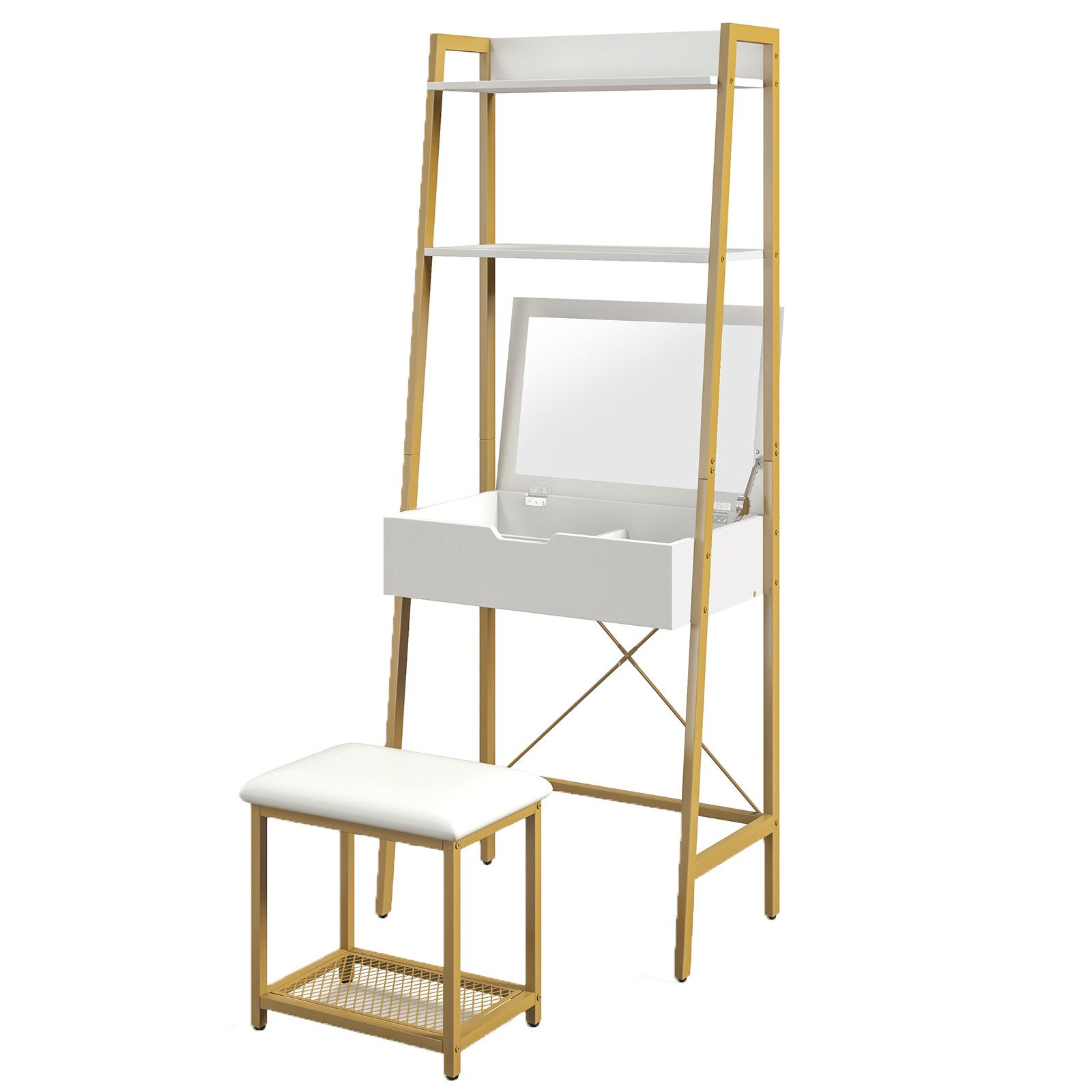 COSTWAY Schminktisch, mit Hocker, Spiegel, 2 Ablagen & verstecktem Schrank günstig online kaufen