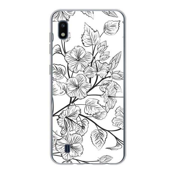 MuchoWow Handyhülle Eine schwarz-weiße Illustration eines Blumenmusters Handyhülle Samsung Galaxy A10 Smartphone-Bumper Print Handy