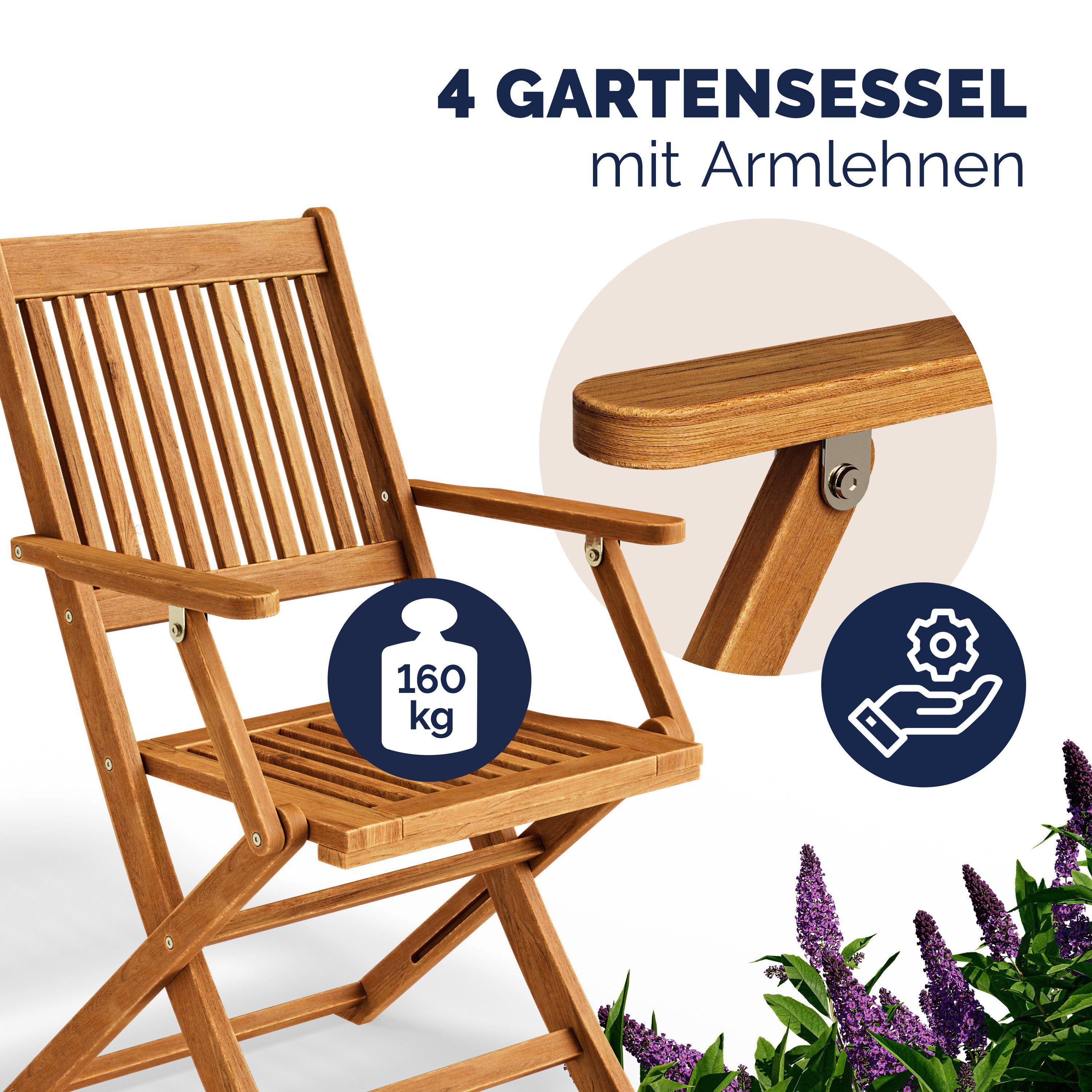 Casaria Garten-Essgruppe, (5-tlg), Gartenmöbel Set Neues Modell 2026 1 Tisch & 4 Stühle inkl. Armlehnen