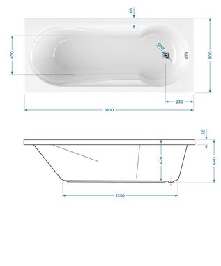 Calmwaters Badewanne Modern Small 2, (1-tlg), Weiß, 180 x 80 cm, Acryl, mit Duschbereich, 02SL3314