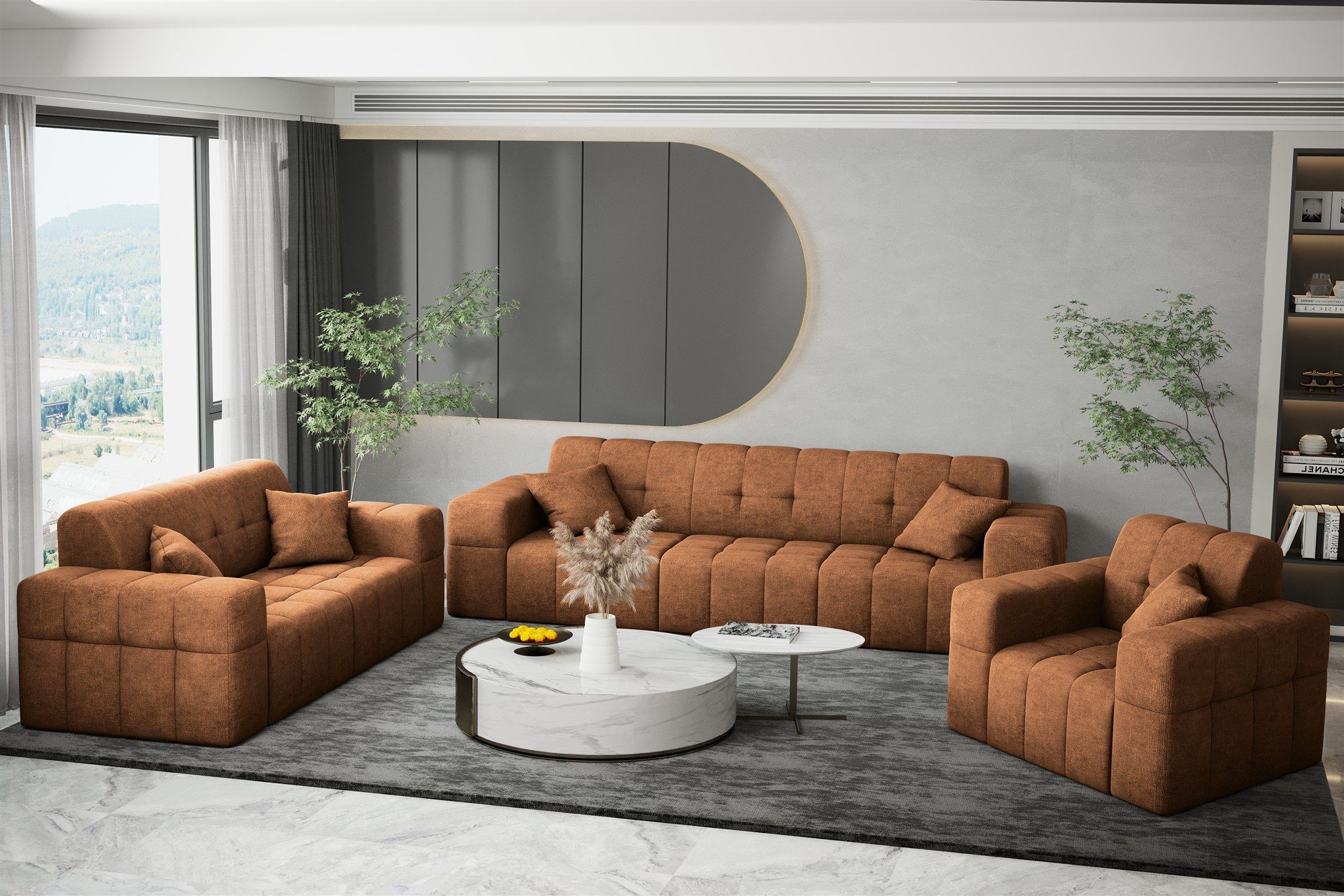 Stoff Rundumbezug Designer-Sofa Sofa Fun Harmony, Caramel in Möbel 3-Sitzer Sofa NANCY