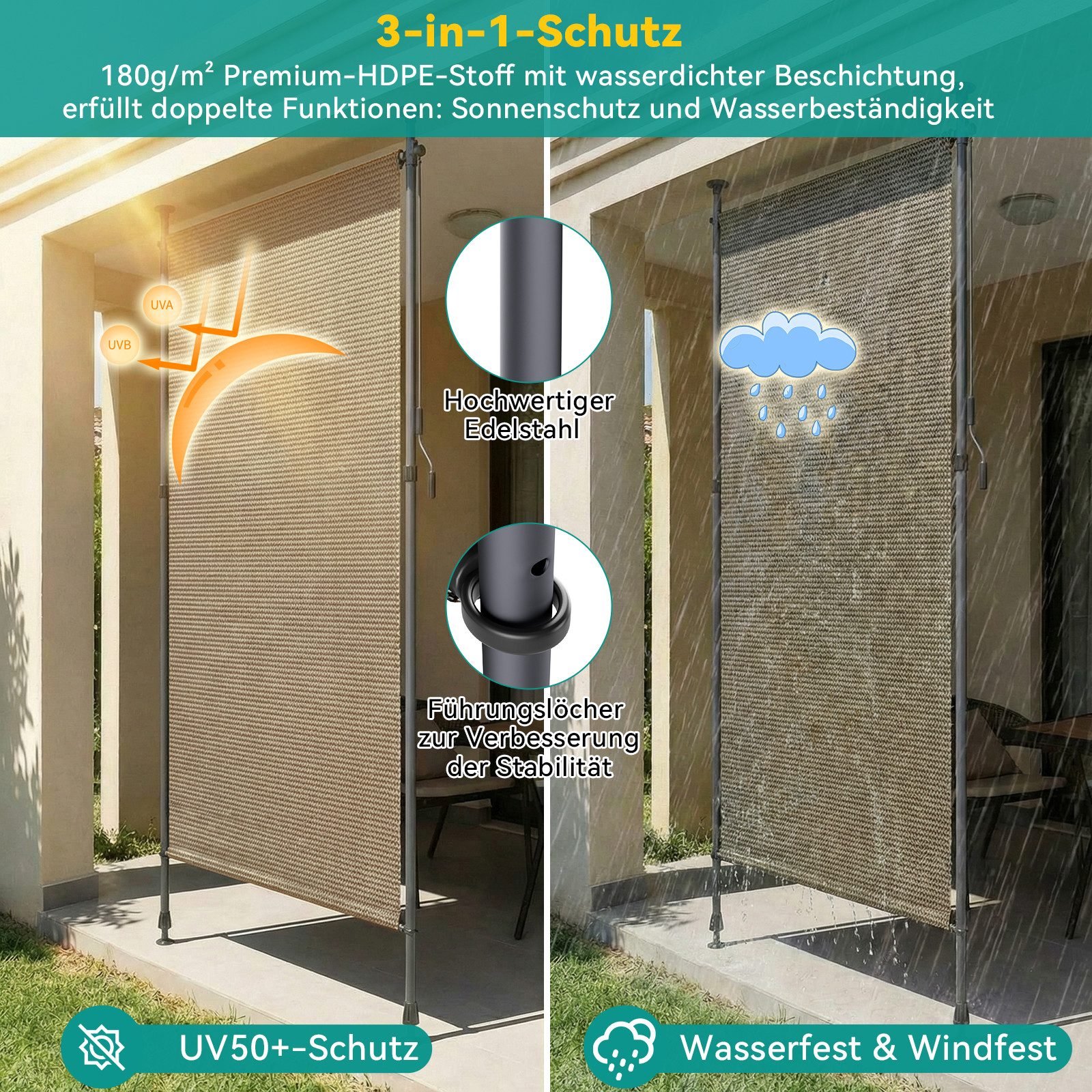 TLGREEN Senkrechtmarkise Balkon ohne Bohren 120/150/200x270cm (Vertikalmarkise Außen mit Sichtschutz Sonnenschutz Windschutz) Klemmmarkise für Garten Terrasse Wetterfest
