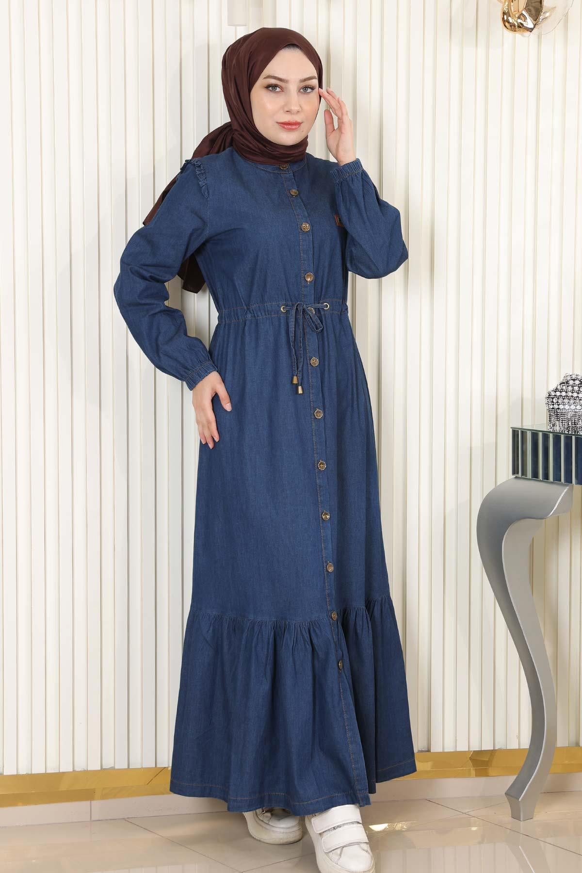 MODAMİHRAM Maxikleid Geknöpftes Jeanskleid mit Spitzentaille