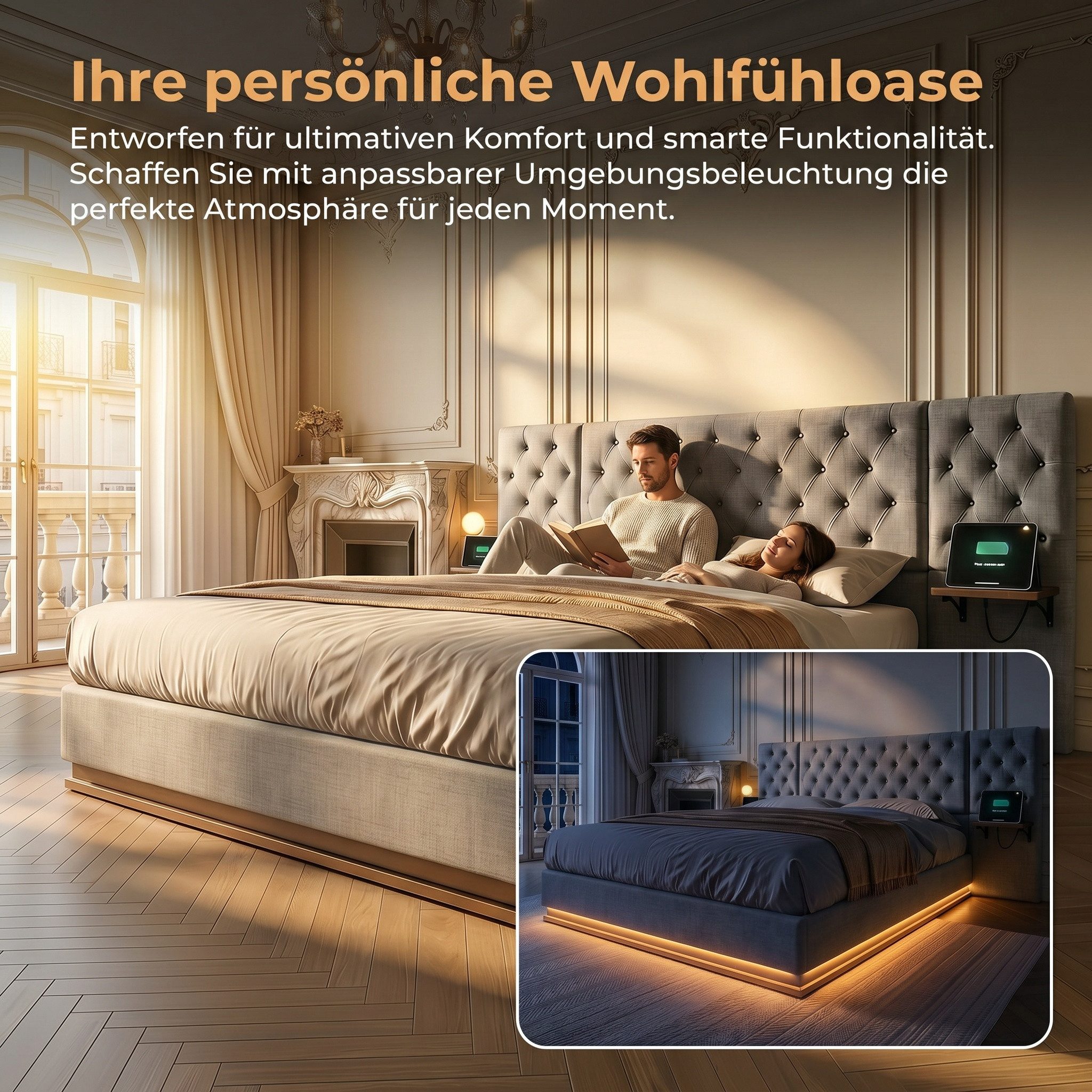 PXloue Polsterbett Modernes Polsterbett mit LED-Beleuchtung (Chesterfield-Design), Bettkasten, Ladefunktion, Leinen, 160x200 cm – Bild 3 von 5