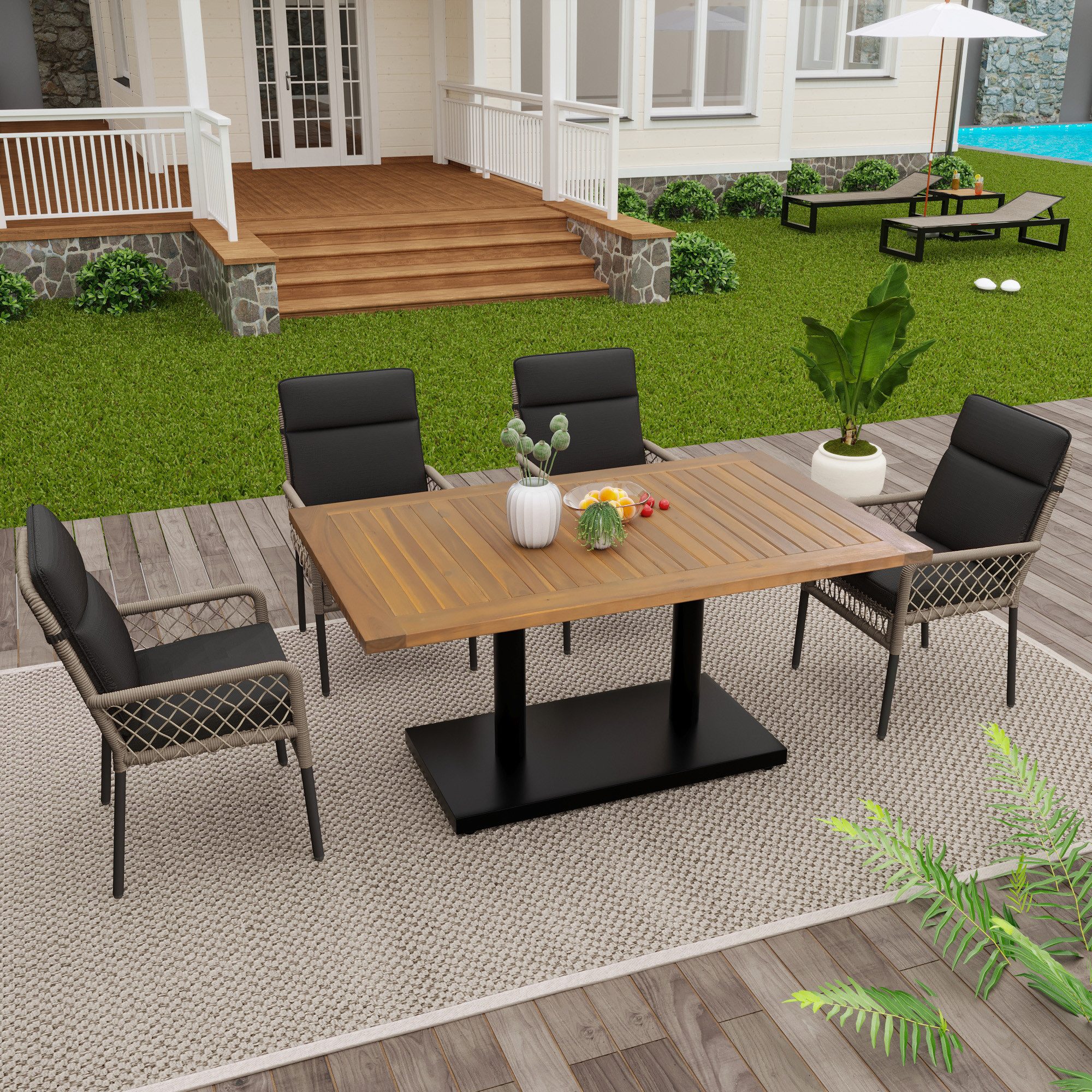 Flieks Gartenlounge-Set, 4-Sitzer Gartenmöbel Essgruppe Polyrattan mit Akazienholz Tischplatte