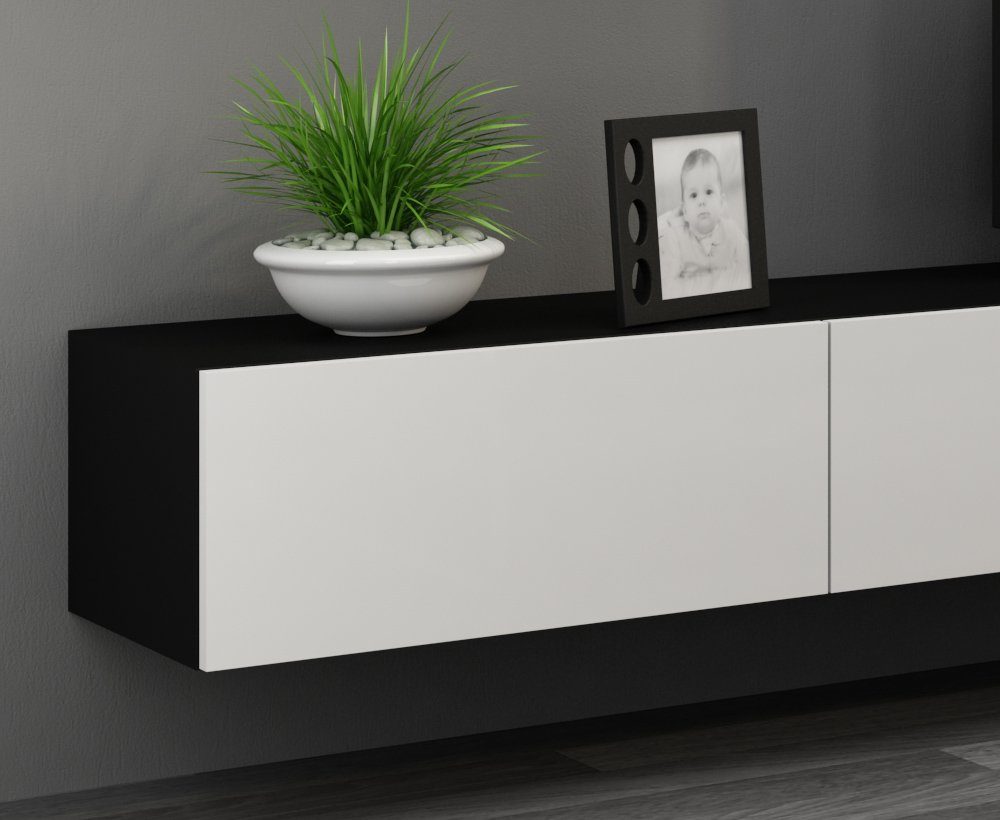 Stylefy Wohnwand Vago Design Modern aus XIII, und (Set Wohnzimmer-Set), Schwarz/Weiß Hochglanzfronten, bestehend 2xLowboard Wohnmöbel, 3xHängeschrank, Push-to-Open, mit (5-St)