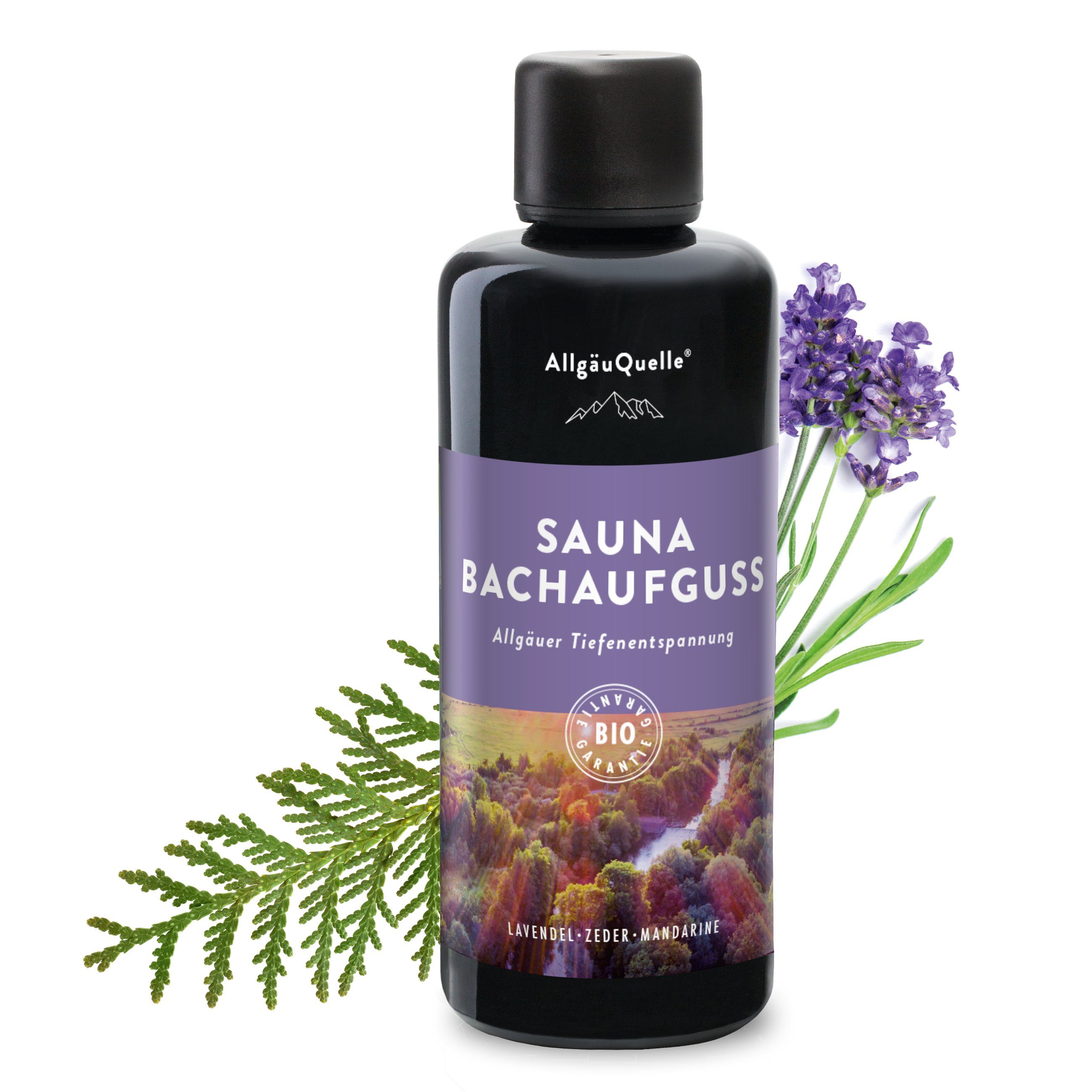 Allgäuquelle Sauna-Aufgussset Bio Saunaaufguss Bachaufguss Saunaduft (1 x 100ml) mit Lavendel, Zeder und Mandarine