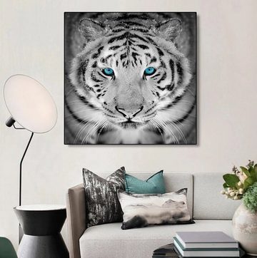 TPFLiving Kunstdruck (OHNE RAHMEN) Poster - Leinwand - Wandbild, Schwarz weißer Tiger mit blauen Augen (Verschiedene Größen), Farben: Leinwand bunt - Größe: 20x20cm