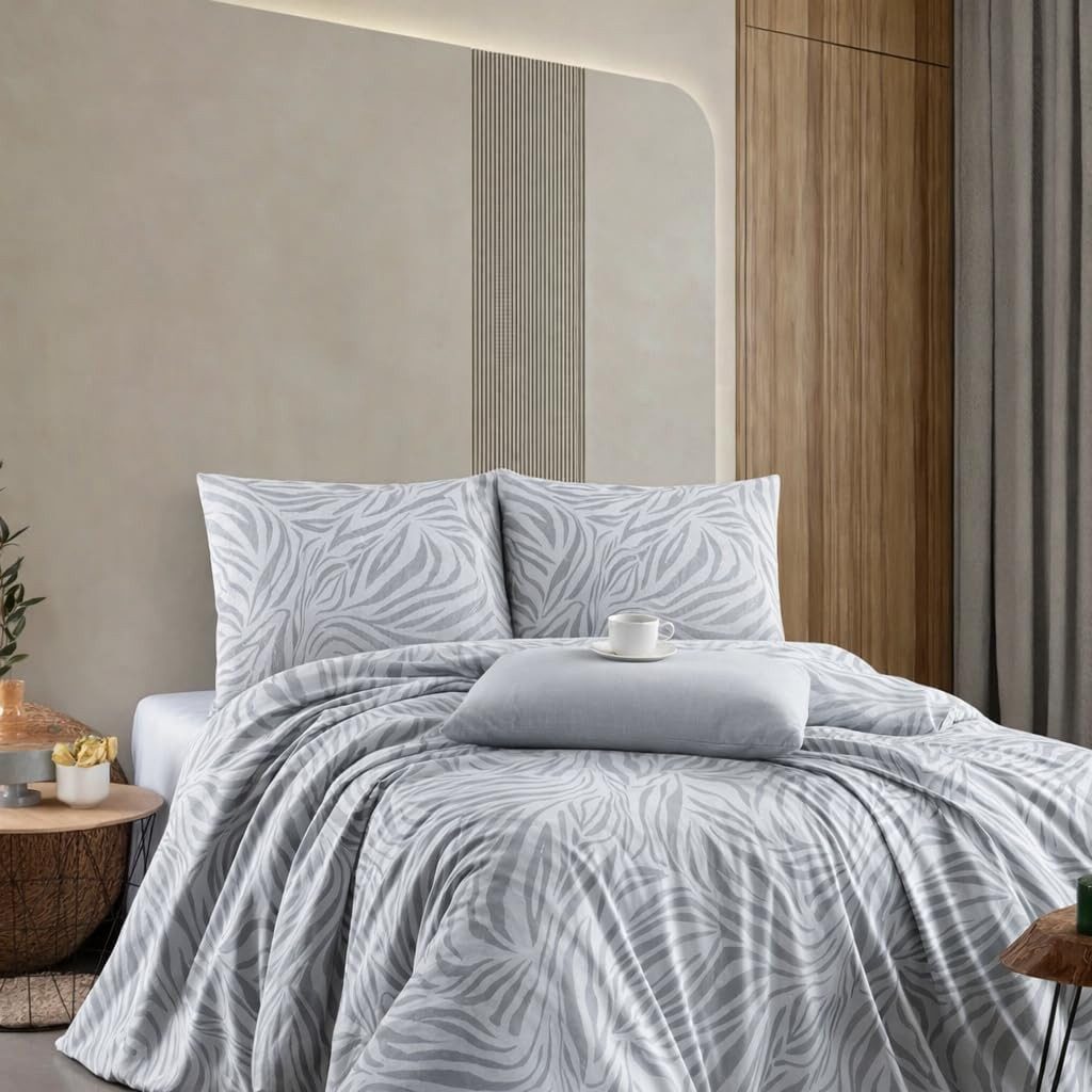 ZIRVEHOME Bettwäsche Baumwolle Bettbezug weiß mit grau Zebra-Streifen Zebra P1, Renforce, 2 teilig, 135x200 Baumwolle Bettbezug weiß mit grau Zebra-Streifen