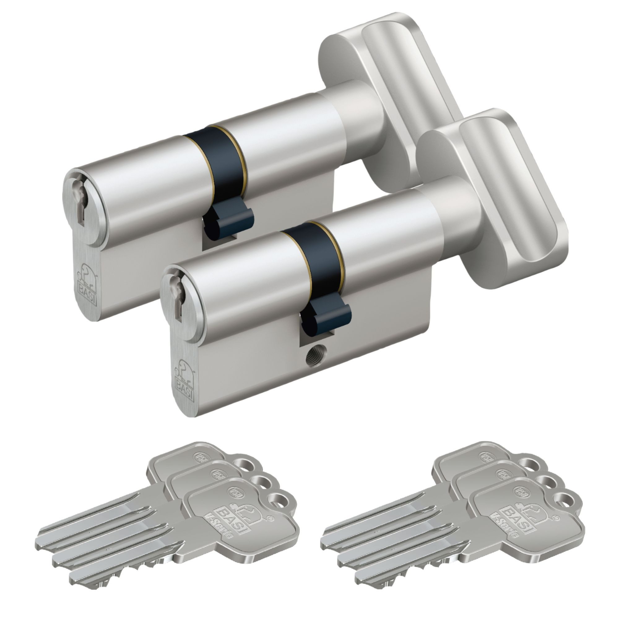 BASI Profilzylinder 2er SET V50, Gleichschließend, diverse Längen, (Spar-Set, 2-St), 2 x Knaufzylinder K30/30 mm, Knaufseite Innen = 30 mm, 6 Schlüssel