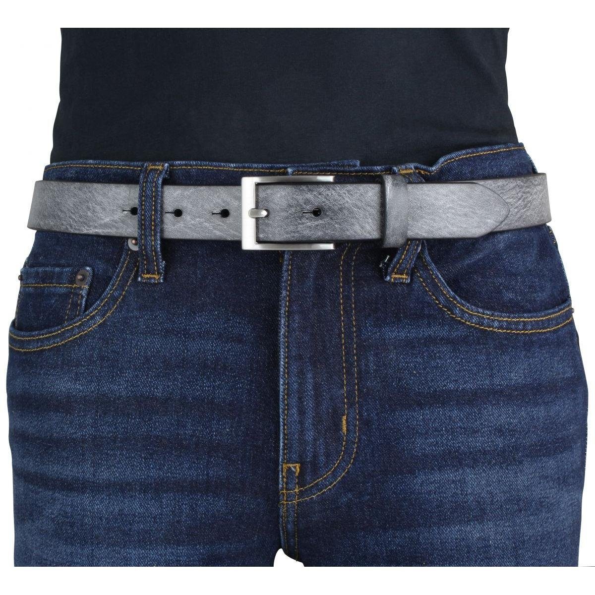 Gürtelschnalle - aus Vollrindleder weiches weichem cm Jeansblau, Altsilber, Herren-Gürtel Vintage-Look Silber in Leder, BELTINGER Leder-Gürt 3 Vintage Ledergürtel