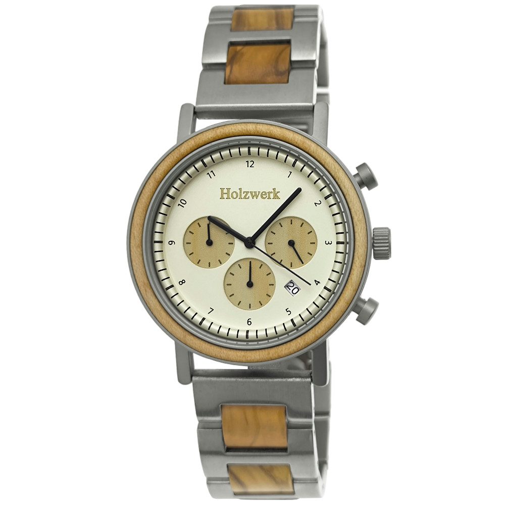 Chronograph Herren Designer Edelstahl & Holz Armbanduhr mit Datumsanzeige