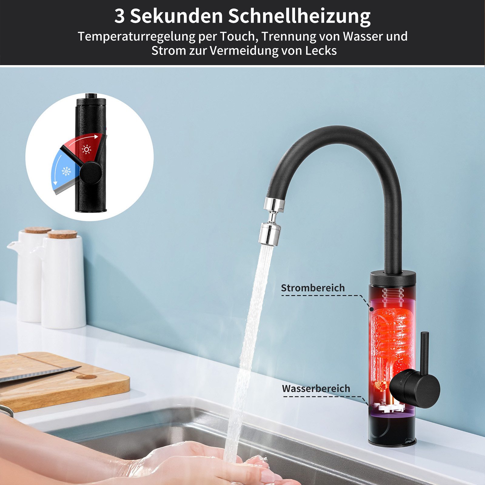 HOMELODY Küchenarmatur mit Durchlauferhitzer, Wasserhahn 360° drehbar,3-Stufen Touchregelung spültischarmatur küche,Elektrische Durchlauferhitzer,Schwarz – Bild 4 von 5