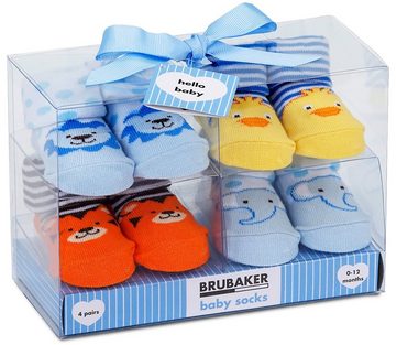 BRUBAKER Socken Babysocken für Jungen und Mädchen 0-12 Monate (4-Paar, Baumwollsocken mit Tier Motiven) Baby Geschenkset für Neugeborene in Geschenkverpackung mit Schleife