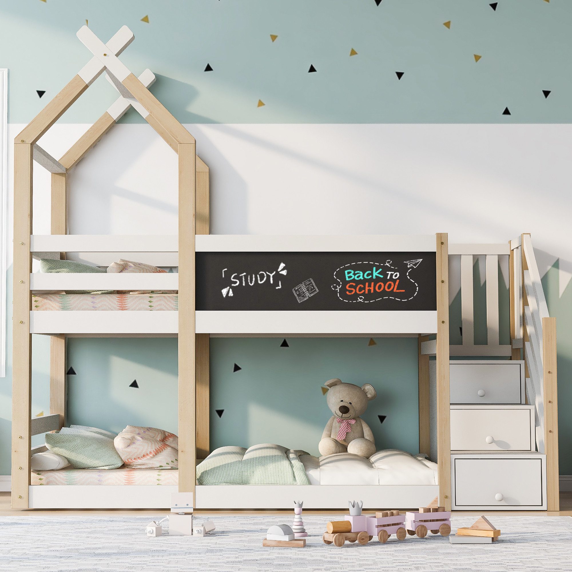 Merax Etagenbett Massivholz Hochbett, Kinderbett 90x200cm mit Stauraumtrepp günstig online kaufen