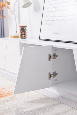 OKWISH TV-Schrank Hochglanz-Oberfläche TV-Schrank mit Holzmaserung Abgeschrägter Patchwork-Stil, Unregelmäßiges Schnittdesign