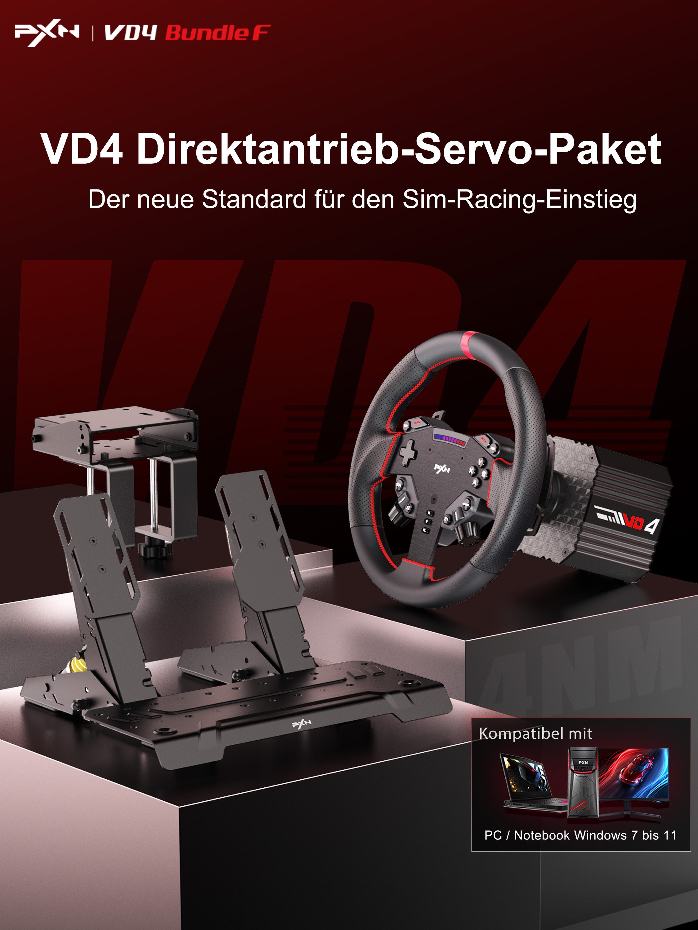 PXN VD4 Direct-Drive-Sim-Rennlenkrad-Set 4Nm Force Feedback Servo Gaming-Lenkrad (Quick Release Hall-Pedale Metall USB PC)