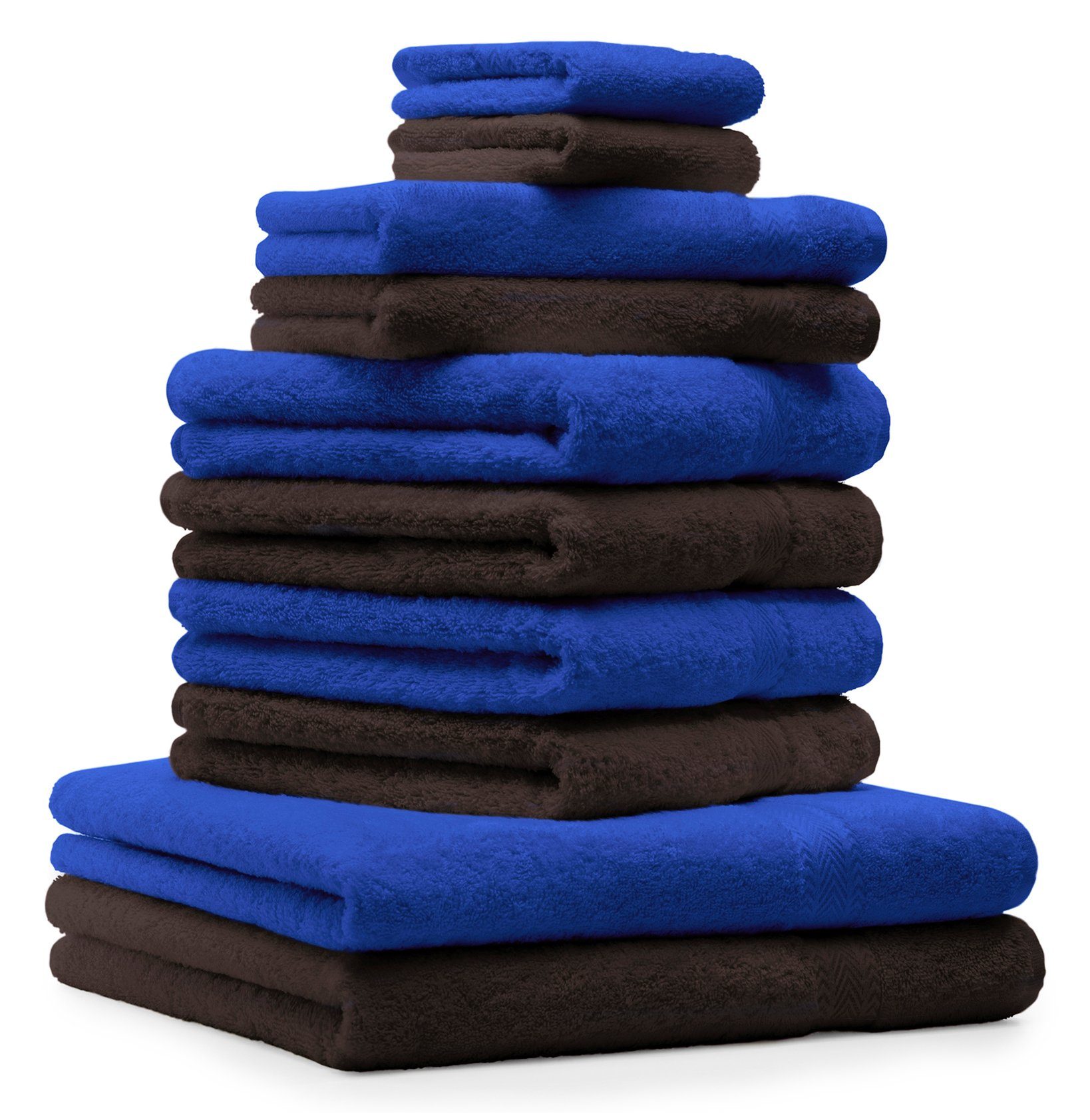 Duschtücher (10-tlg) & Braun, 100% Premium Gästetücher Betz 10-TLG. 100% Dunkel Baumwolle, Handtücher 2 Blau Royal 2 Waschhandschuhe Handtuch Handtuch-Set Set 4 2 Farbe Baumwolle