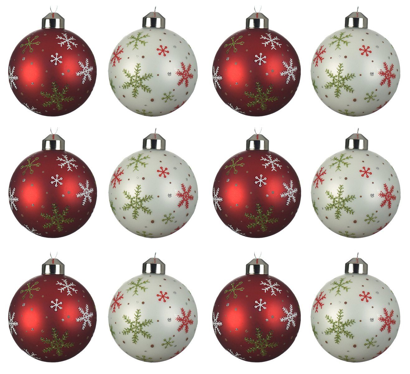 Glas 12er season Schneeflocken mit Weihnachtsbaumkugel, decorations Decoris Weihnachtskugeln rot Motiv Set weiß 8cm /