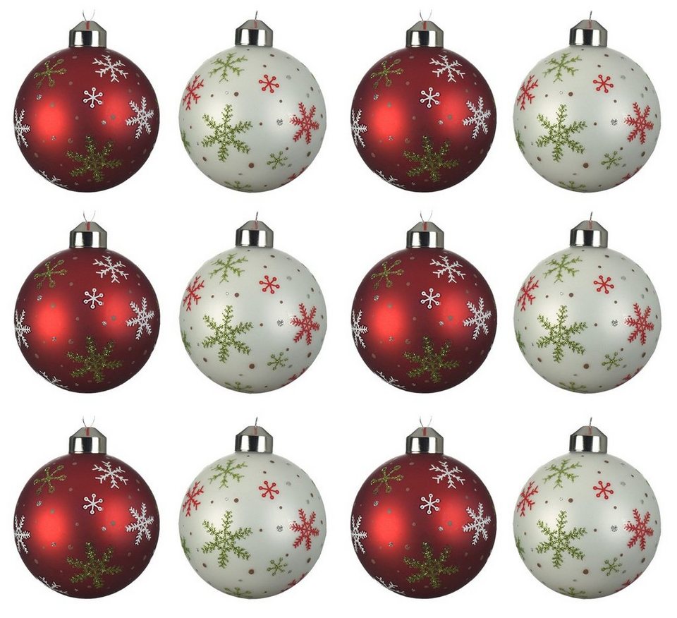 Decoris season decorations Weihnachtsbaumkugel, Weihnachtskugeln Glas 8cm  mit Schneeflocken Motiv 12er Set rot / weiß
