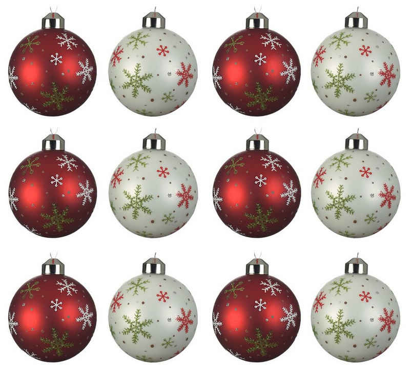 Decoris season decorations Christbaumschmuck, Weihnachtskugeln Glas 8cm mit Schneeflocken Motiv 12er Set rot / weiß
