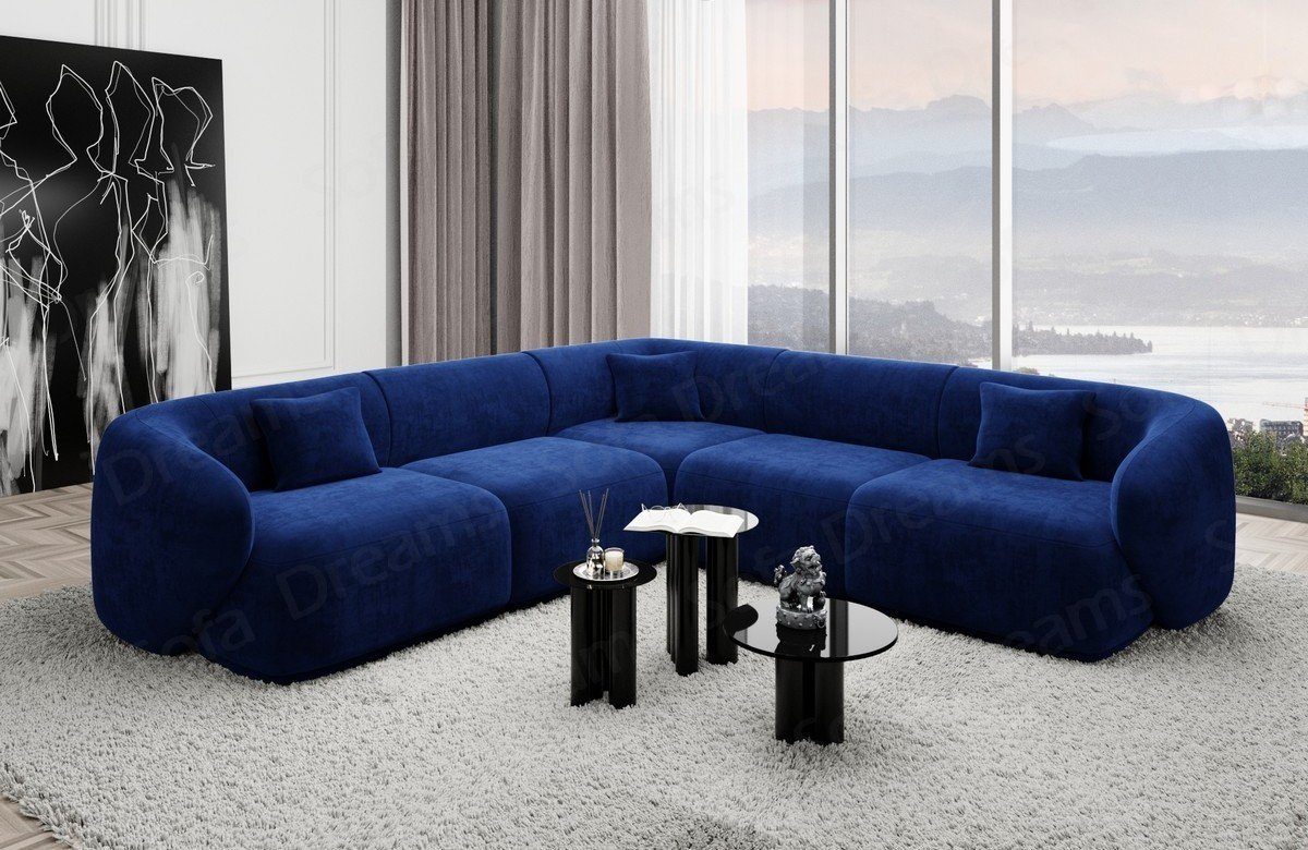 Loungesofa Stoffsofa, Design Sofa Dreams Sofa Samtstoff Form Marbella dunkelblau77 Polster L Ecksofa