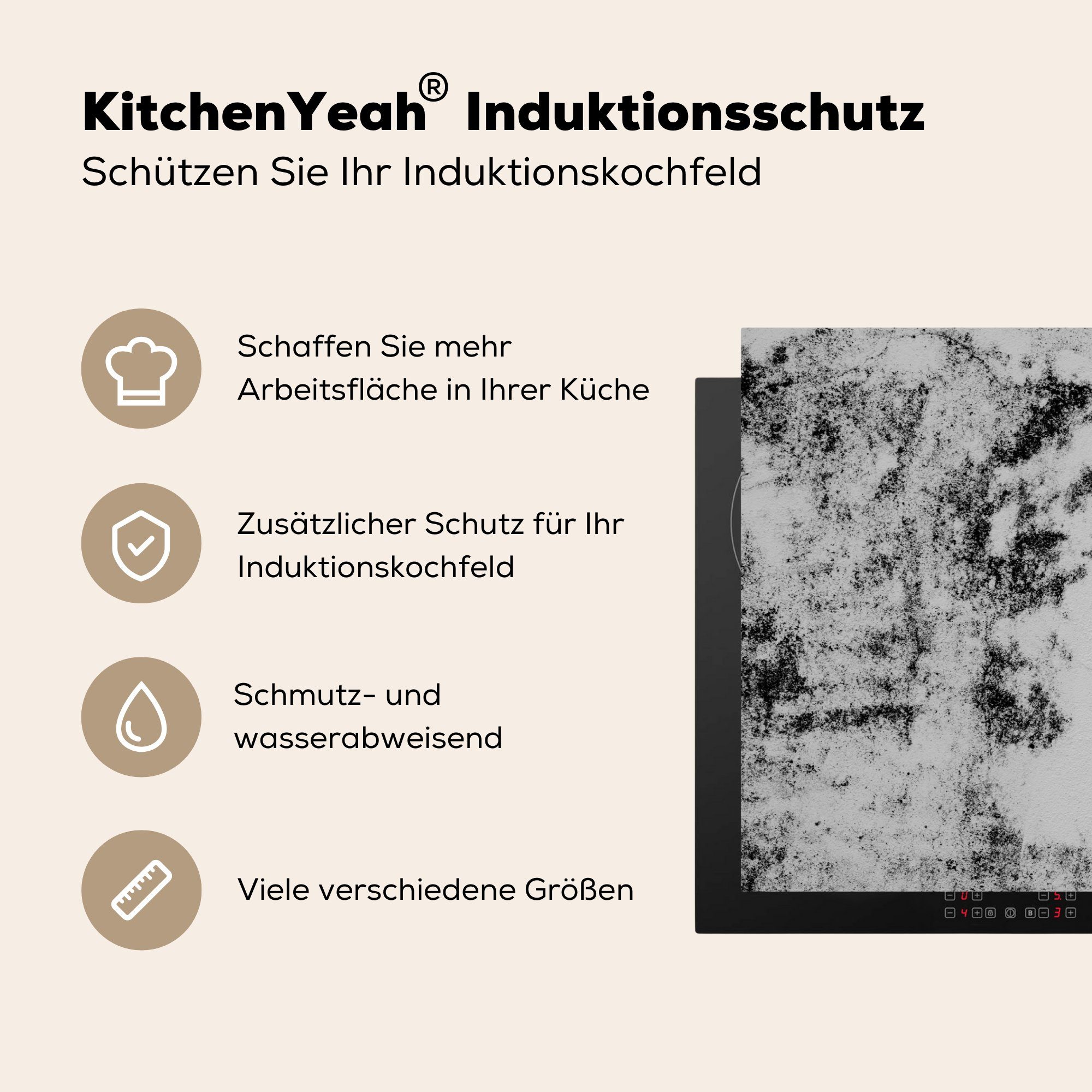 cm, - MuchoWow küche, Ceranfeldabdeckung 81x52 Schwarz - die Schutz Weiß (1 Design, Vinyl, Induktionskochfeld - für Granit Herdblende-/Abdeckplatte - tlg), Stein