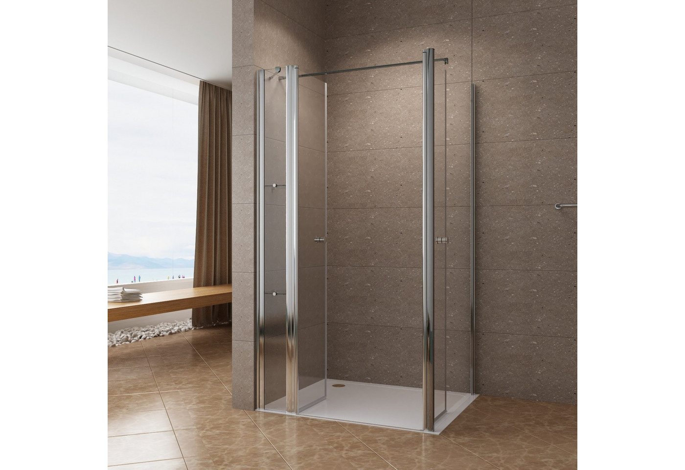 Thumbnail - AQUALAVOS Eckdusche Duschabtrennung Schwingtür mit Seitenwand Eckeinstieg Doppelt Drehtür, BxT: 100x75 cm, aus 6 mm Eins...