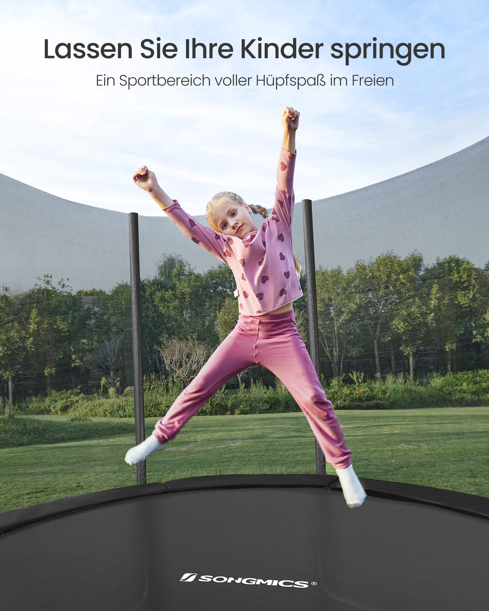 SONGMICS Gartentrampolin mit Randabdeckung, Sicherheitsnetz, Leiter und gepolsterten Stangen, Ø 365 cm, Ø244/Ø305/ Ø366 cm, mit Leiter und gepolsterten Stangen