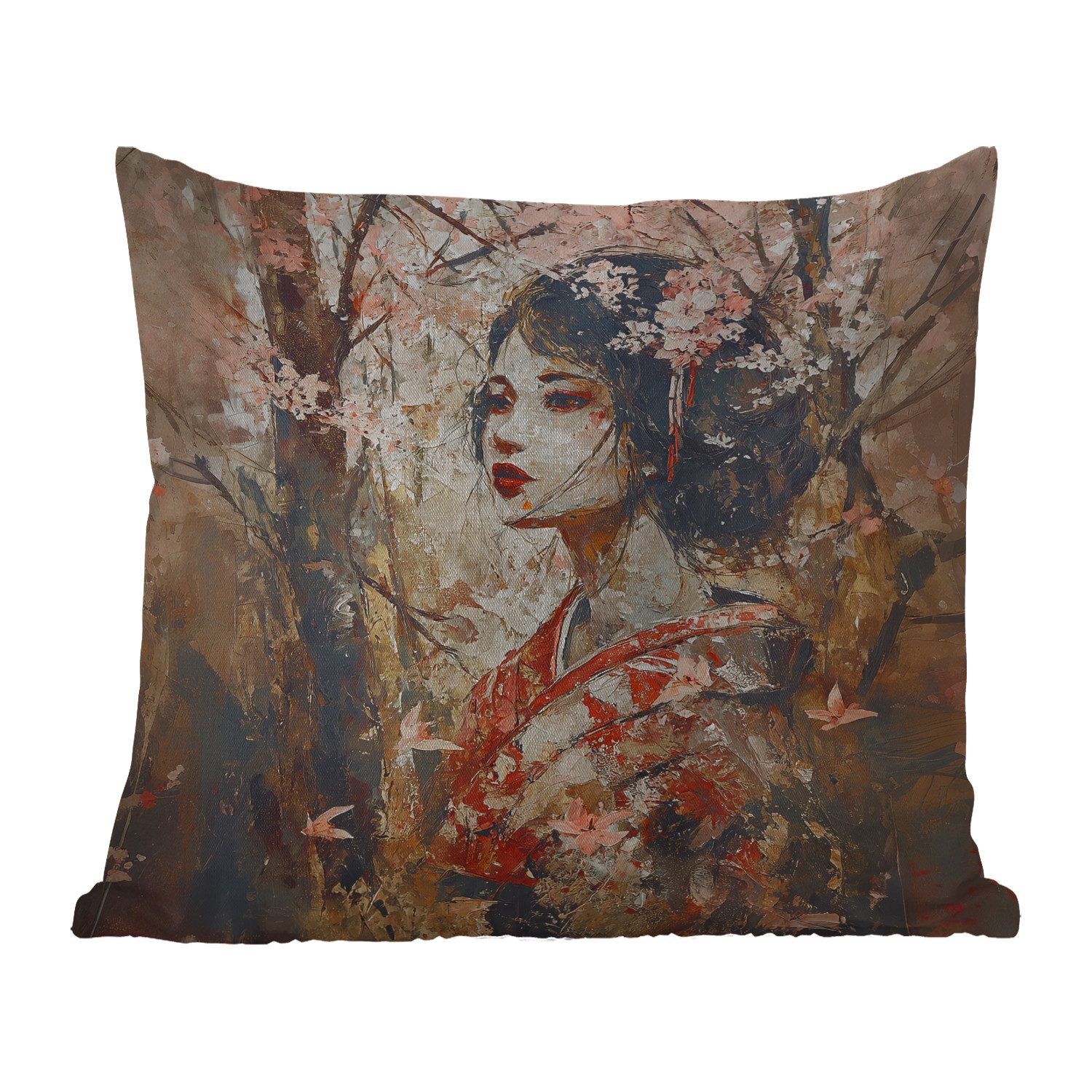 MuchoWow Dekokissen Kimono - Frau - Kirschbäume, Kissenhülle für den Außenbereich, Outdoor, Kissen, 60x60 cm